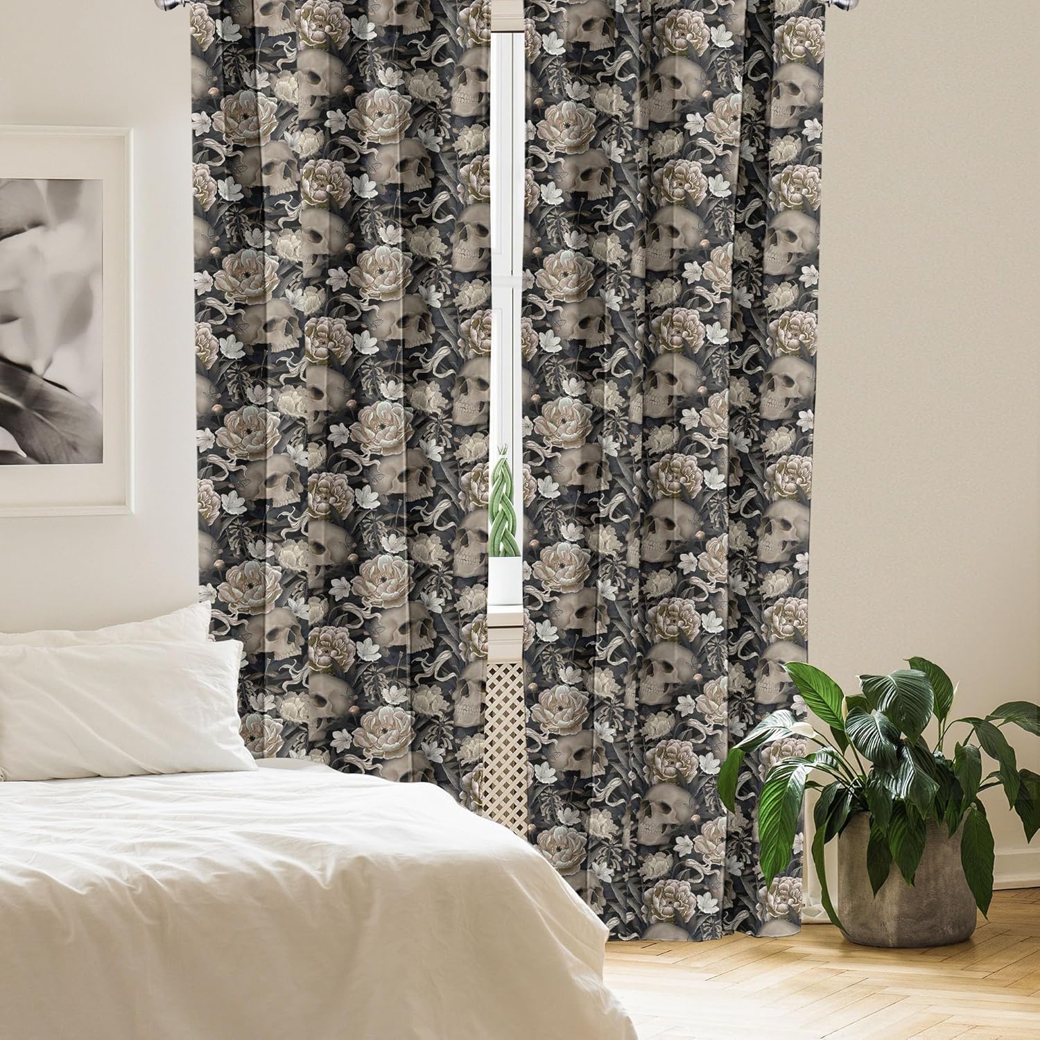 Ambesonne Gothic Curtains, Vintage Baroque Floral Skulls with Garden Flowers Flourishing Leaves, Window Treatments 2 Panel Set for Living Room