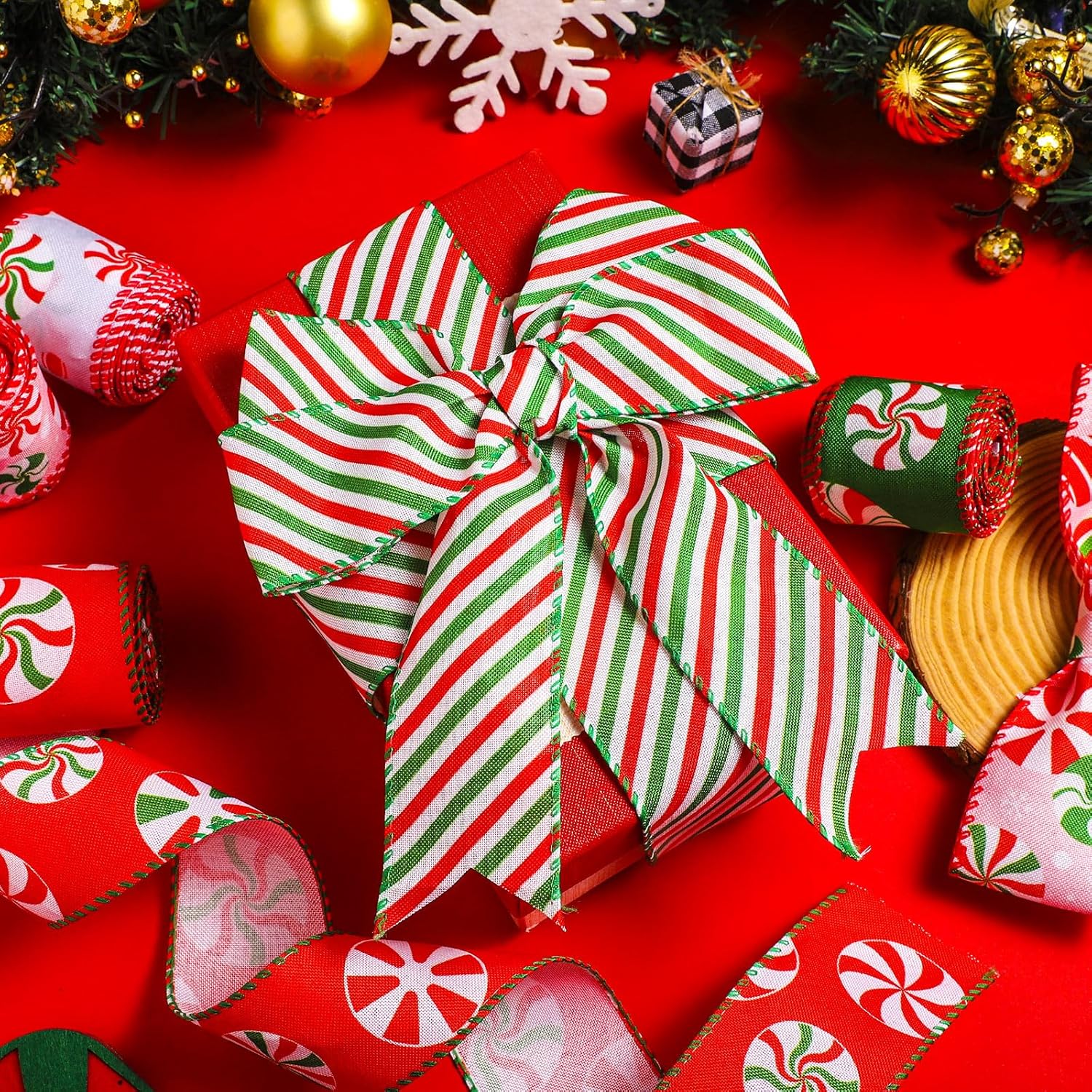 Yingzhao 6 rollos de 30 yardas de caramelo de Navidad de menta con borde con alambre, cinta de arpillera de caramelo de Navidad, cinta de arpillera