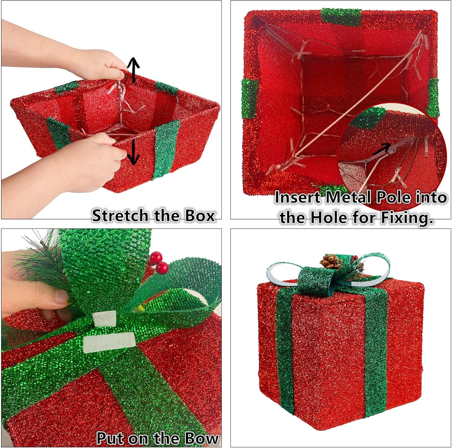 Twinkle Star Juego de 3 cajas de regalo de Navidad iluminadas, caja de regalo de oropel, 60 luces LED preiluminadas, adorno de falda de árbol,