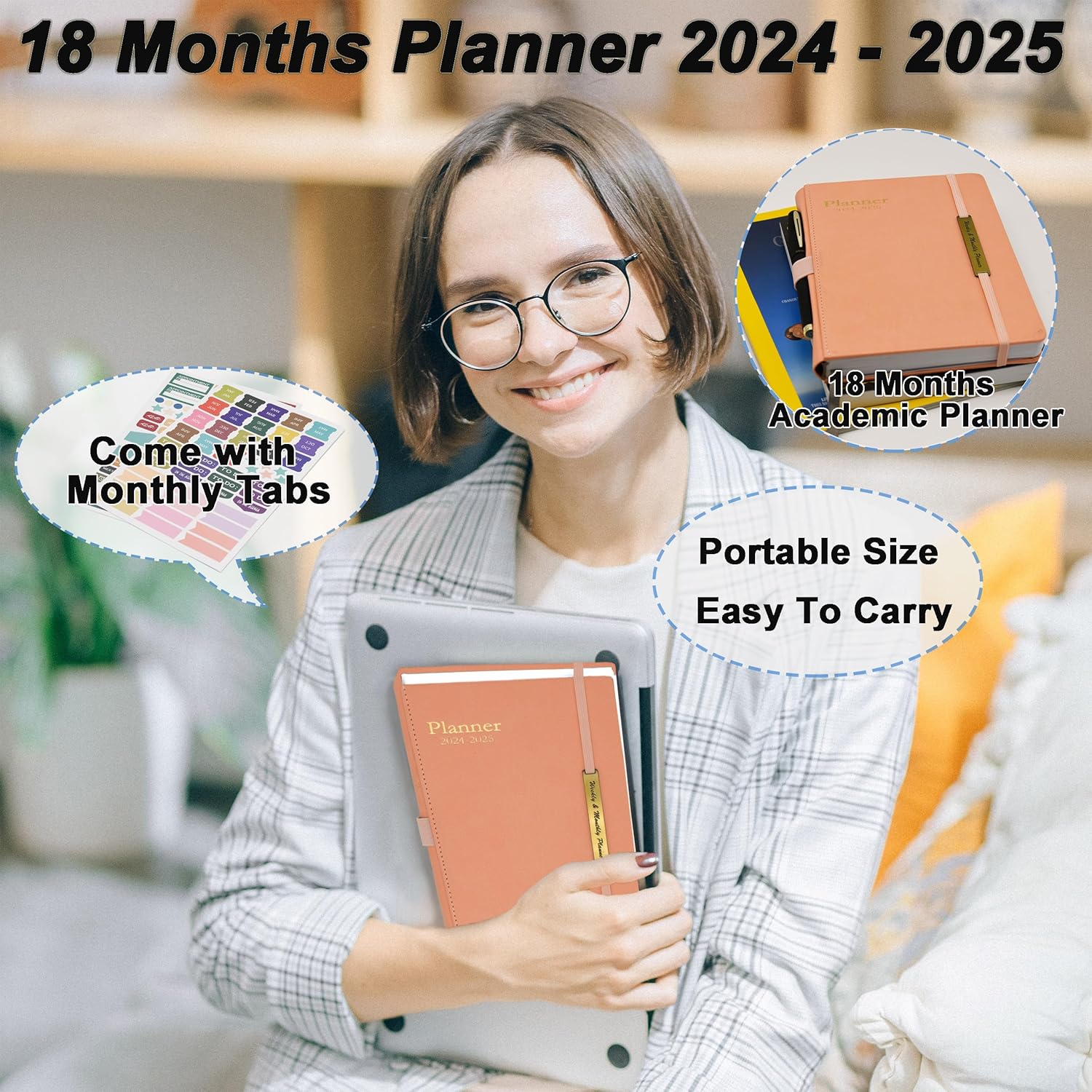 Agenda diaria 2024-2025, agenda semanal mensual de enero de 2024 a junio de 2025, agenda de tapa dura de 18 meses con pestañas, calendario de año