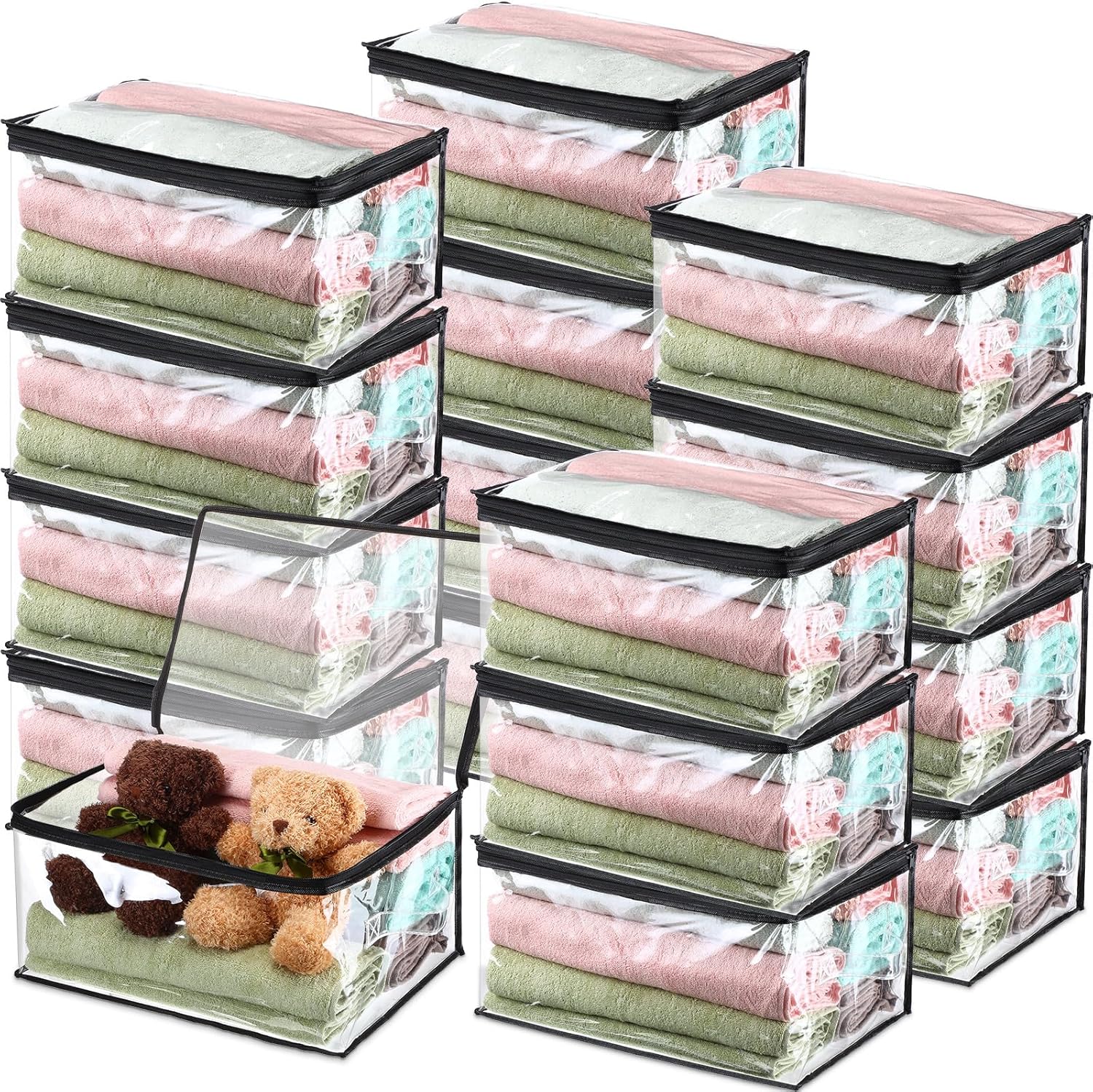 Paquete de 16 bolsas de almacenamiento de vinilo transparente con cremallera y asa de 16 x 12 x 8 pulgadas, manta, ropa, suéter, almohada, juguetes,