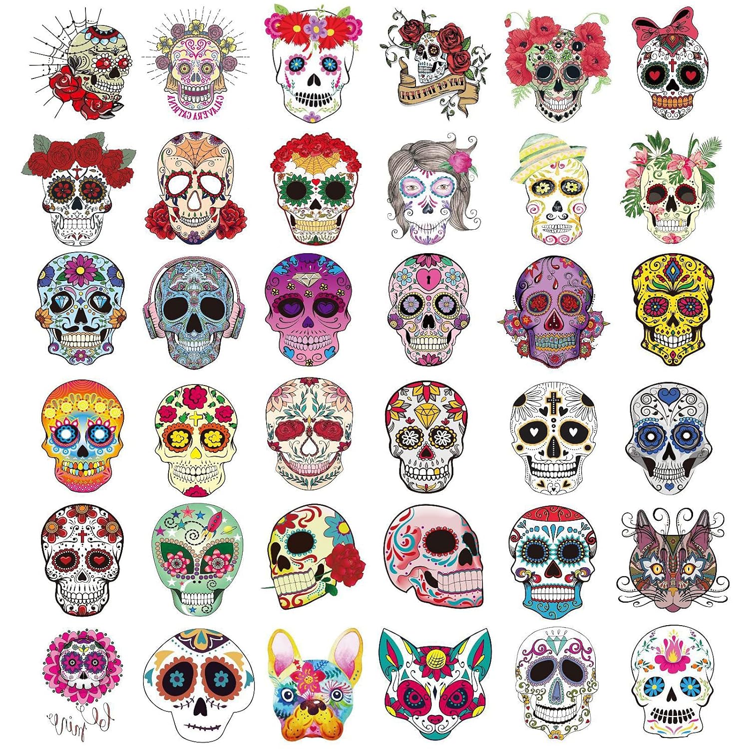 Ooopsiun Tatuajes del Día de los Muertos de Calavera de Azúcar para Niños  40 hojas de calcomanías de calavera de Halloween para niños y niñas,