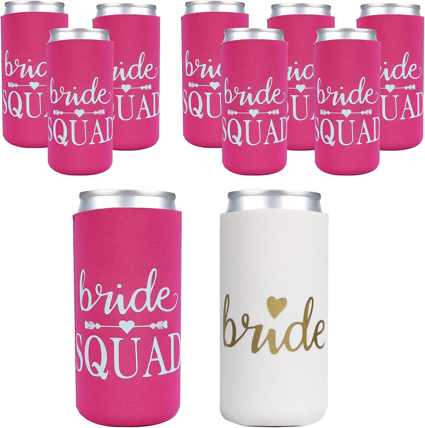 PartyGifts&Beyond Paquete de 10 decoraciones para despedida de soltera, delgadas, para regalos de dama de honor, para novias, escuadrón de latas