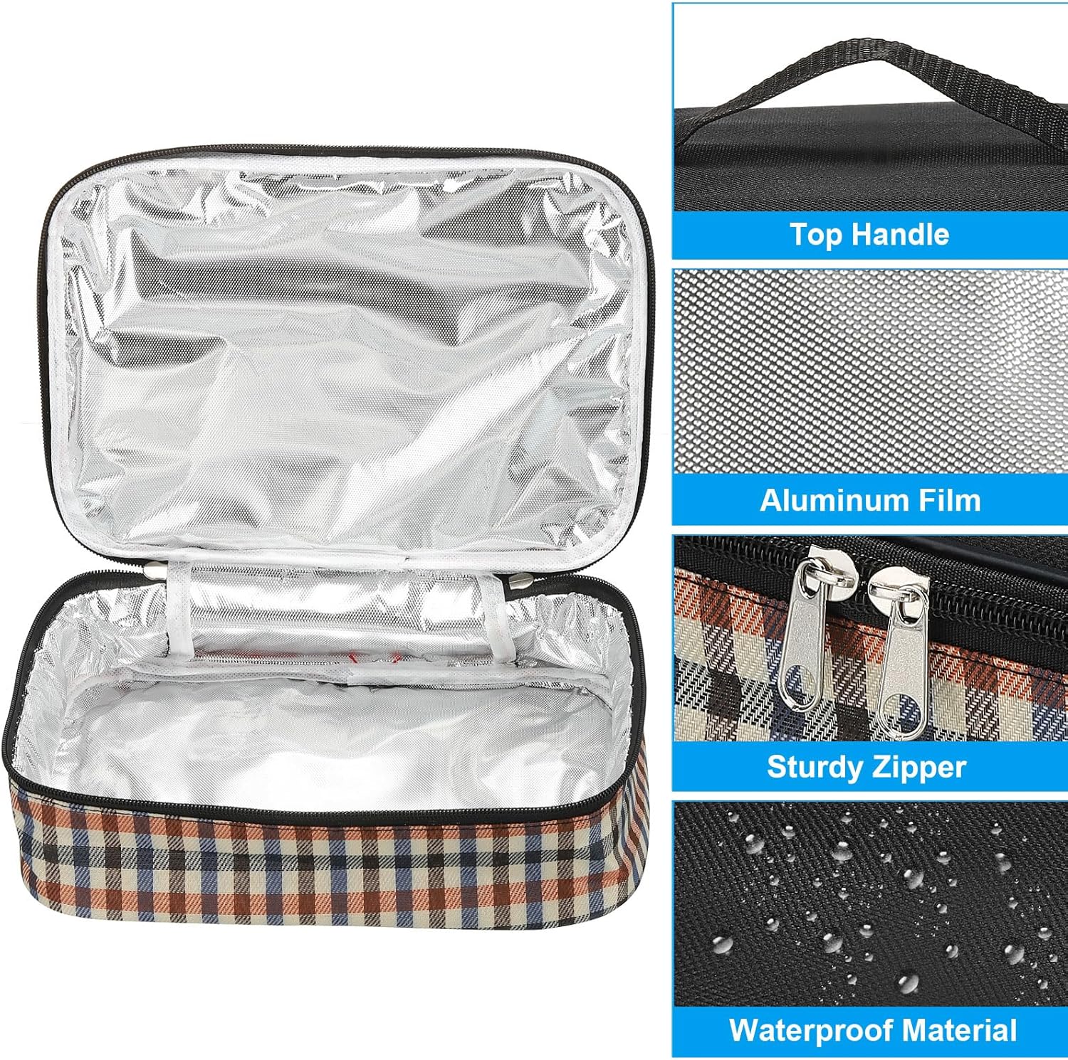 PATIKIL Bolsas de almuerzo aisladas de 10 x 7 x 3 pulgadas, bolsas Bento planas con patrón a cuadros, bolsas portátiles para alimentos, bolsas