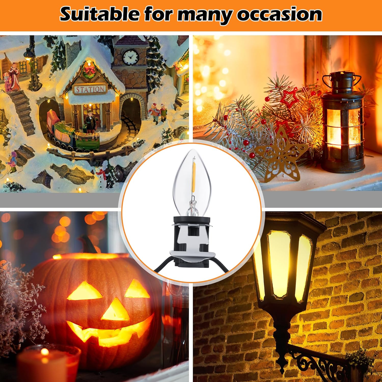 Meonum Cable accesorio con 9 bombillas LED, cable de luces de pueblo navideño de 18 pies con interruptor de atenuación, luces de molde de soplado C7