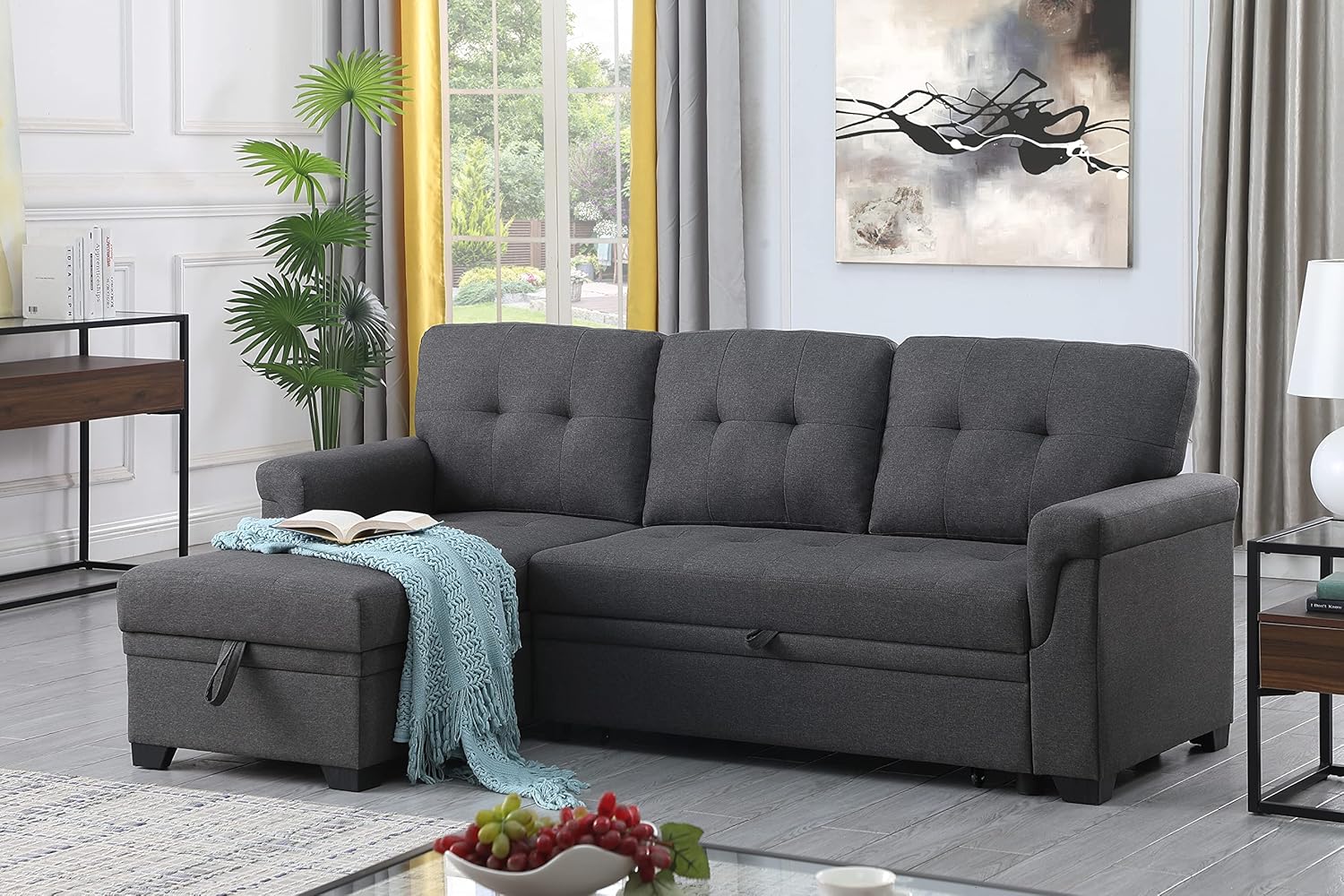 Sofá cama modular convertible en forma de L de 84 pulgadas con diván de almacenamiento y cojines copetudos, sofá esquinero reversible tapizado de