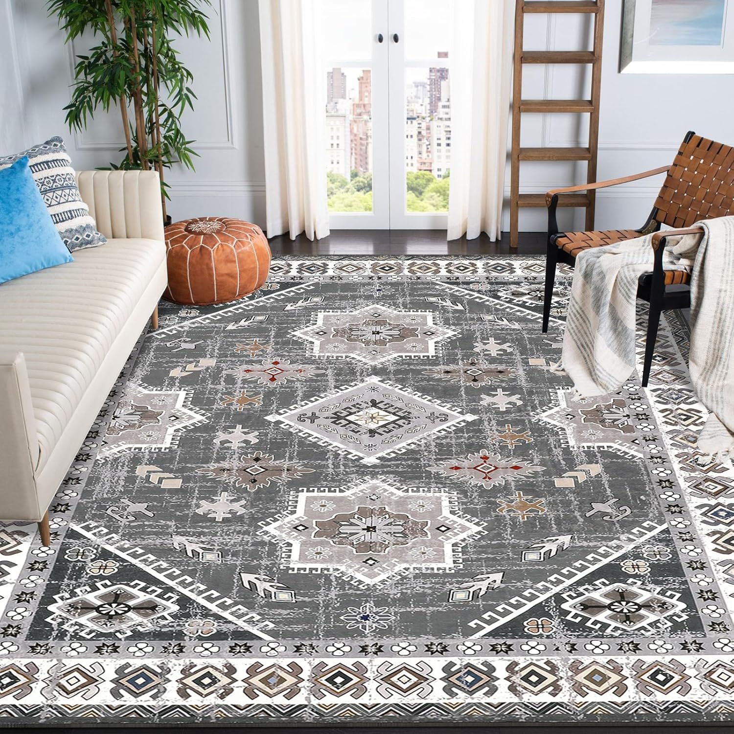 HEBE – Alfombra lavable de 5 x 7 pies, suave, envejecida, antideslizante, para puerta de interior, alfombra de estilo bohemio, alfombra de acento