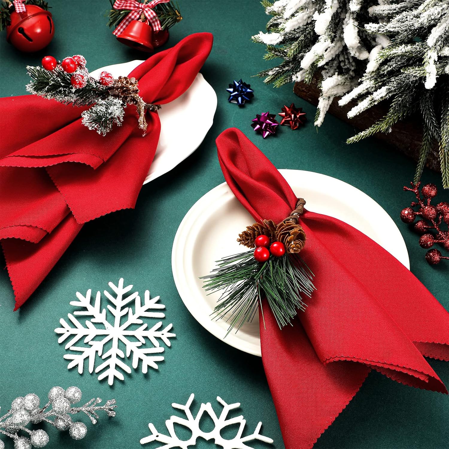 Sliner Juego de 24 servilletas y anillos de Navidad, 12 servilletas de Navidad lavables de color rojo y 12 servilleteros de Navidad para cenas