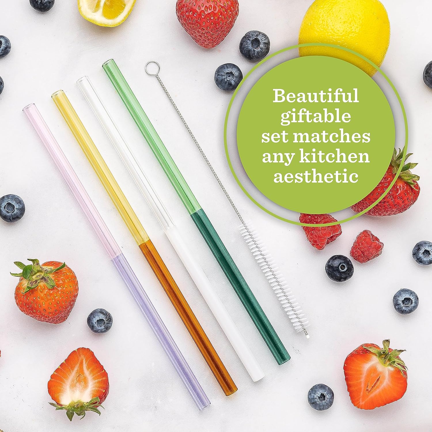 Pajitas de vidrio  Dos colores  Juego de 5 unidades para beber jugos, batidos, aguas, resistentes a roturas, reutilizables, elegantes