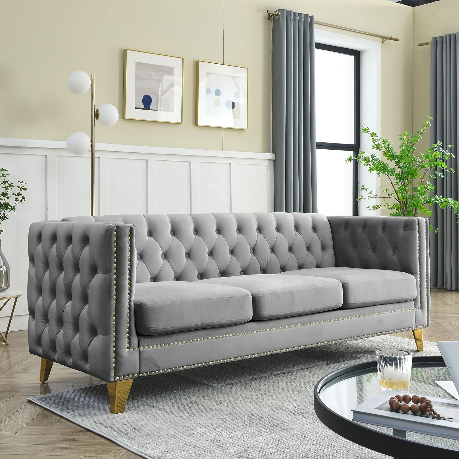 Sofá moderno de 3 plazas, sofá de terciopelo de 80 pulgadas, con botones cuadrados copetudos, sofá moderno para sala de estar, tapizado con botones
