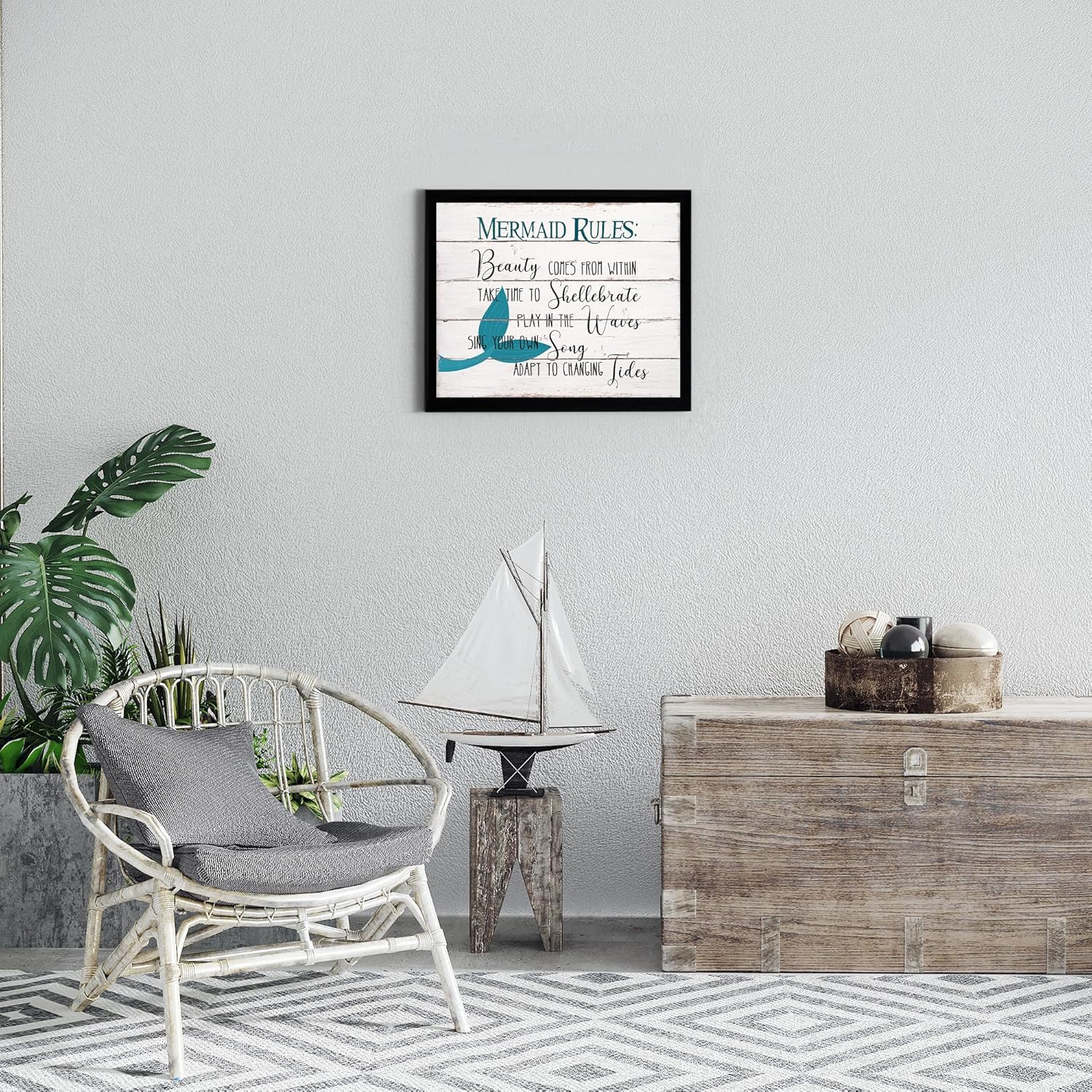 Mermaid Rules – Inspirational Beach Wall Art, Distressed Wood Design Ocean Wall Decor Print, Ideal Wall Decor For Home Decor, Bedroom Wall Art,