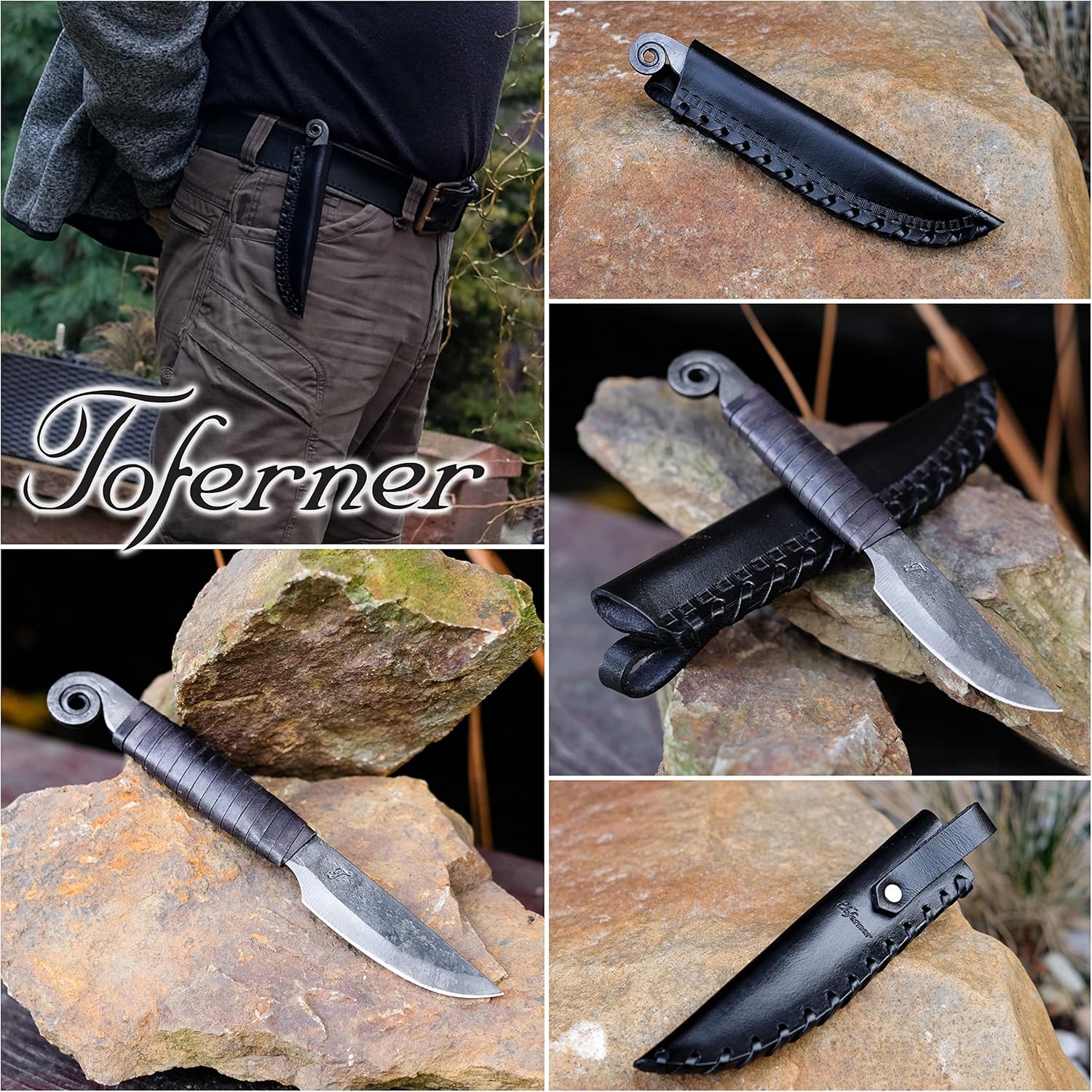 TOFERNER Cuchillo forjado a mano – Caracol – negro – Deportes – Hoja endurecida – Estuche de cuero genuino hecho a mano – Vintage- Colección de arte
