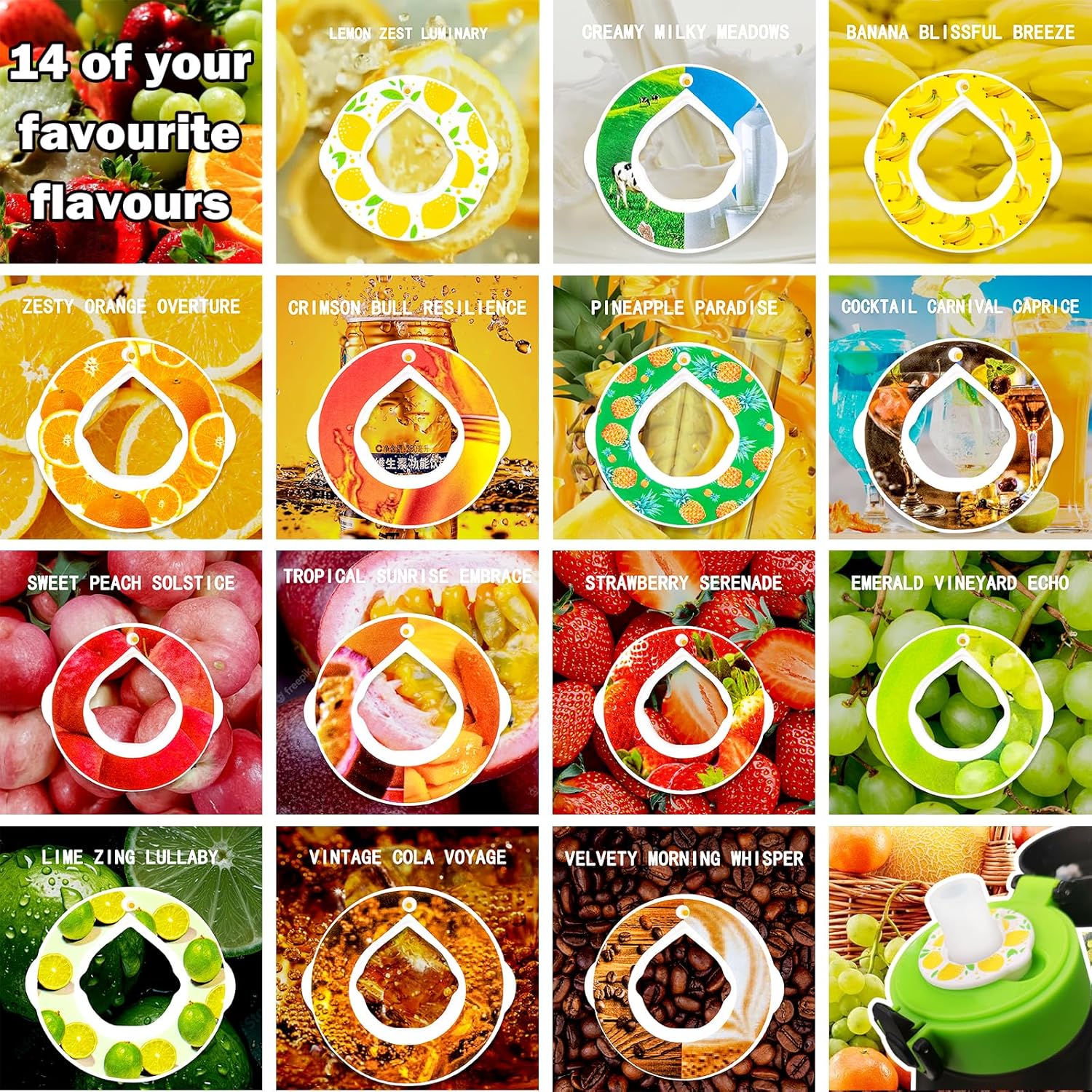 14 cápsulas de sabor para botella de agua de aire, anillos aromáticos, accesorios de botellas de agua, 0% azúcar, 0% calorías, cápsulas de fragancia