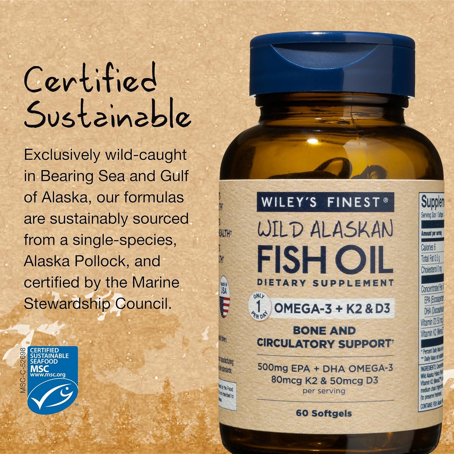 Wiley’s Finest Wild Alaskan Fish Oil Vitamina K2 Softgels – 500 mg de Omega-3 EPA y DHA para apoyo a la salud ósea y cardíaca – 60 cápsulas blandas