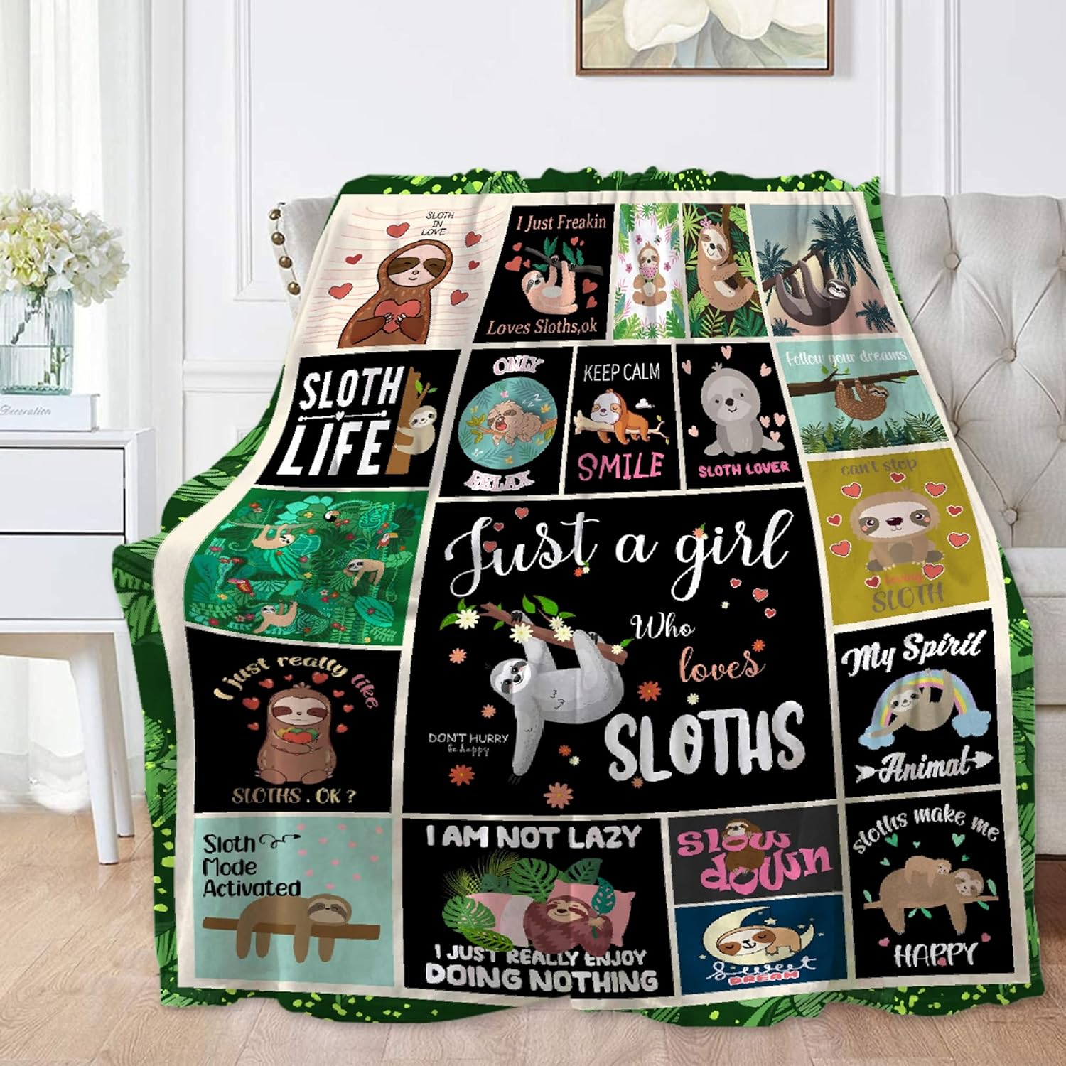 Khumbhira Manta con texto en inglés Just A Girl Who Loves Slothsloths, regalos para niños y niñas, decoración kawaii de felpa, suave y ligera, de