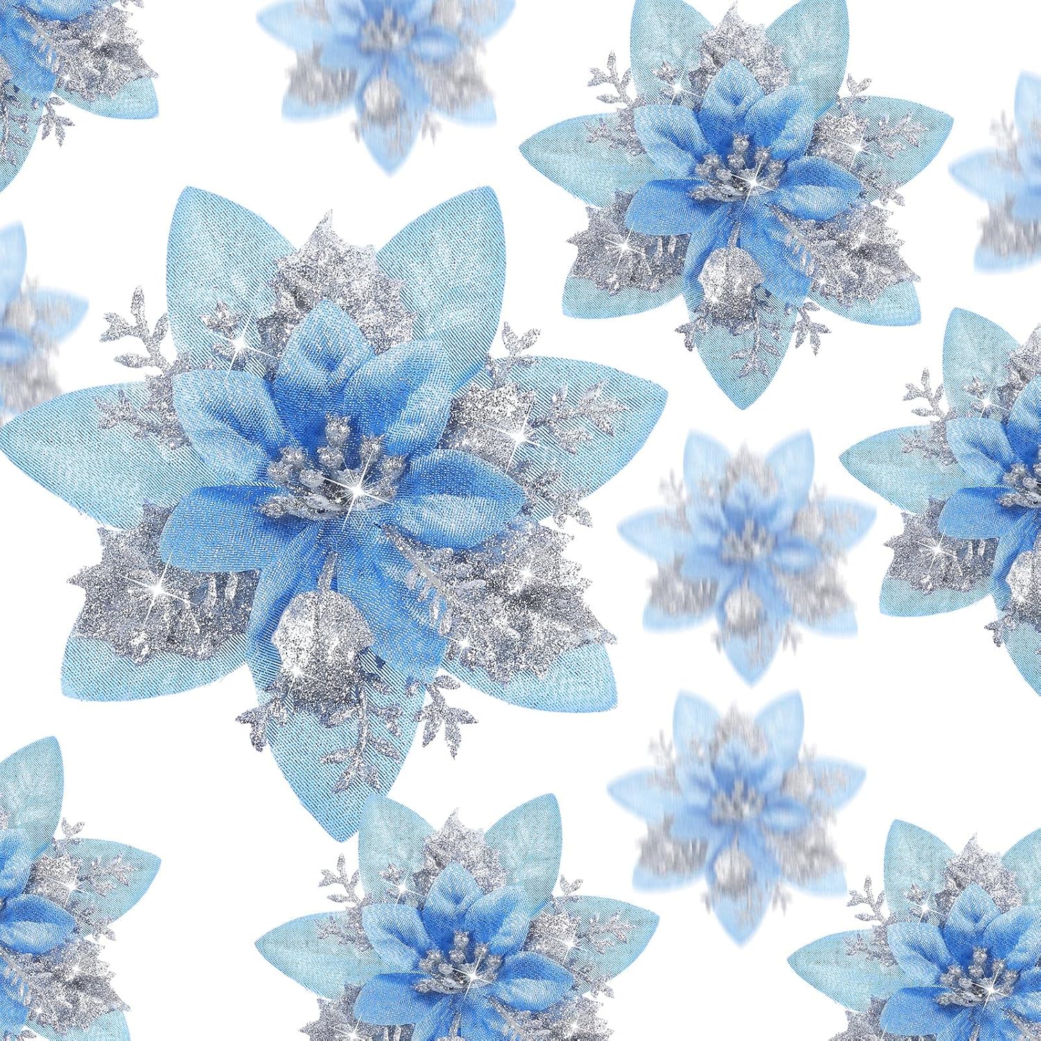 24 flores de Pascua con purpurina de Navidad y clips para adornos de árbol de Navidad, bodas, 6 pulgadas, 4 pulgadas, 3 pulgadas (plata y azul)