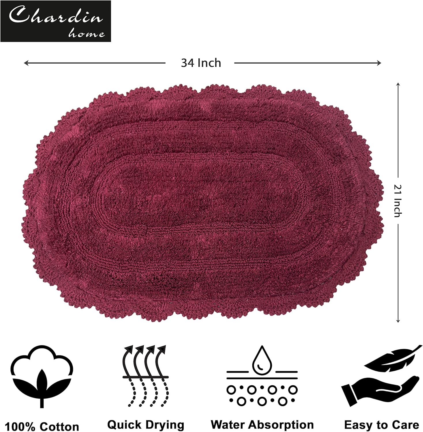 Chardin home Alfombra de baño de ganchillo burdeos, 100% algodón ovalada con borde de ganchillo artesanal hecho a mano, 21 x 34 pulgadas, alfombra