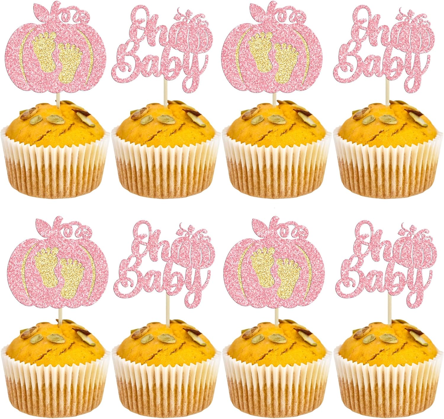24 piezas de calabaza Oh Baby Cupcake Toppers Pink Glitter Pumpkin Cupcake Picks Boy Baby Shower Cake Decor for Pumpkin Theme Reveal Kids Birthday