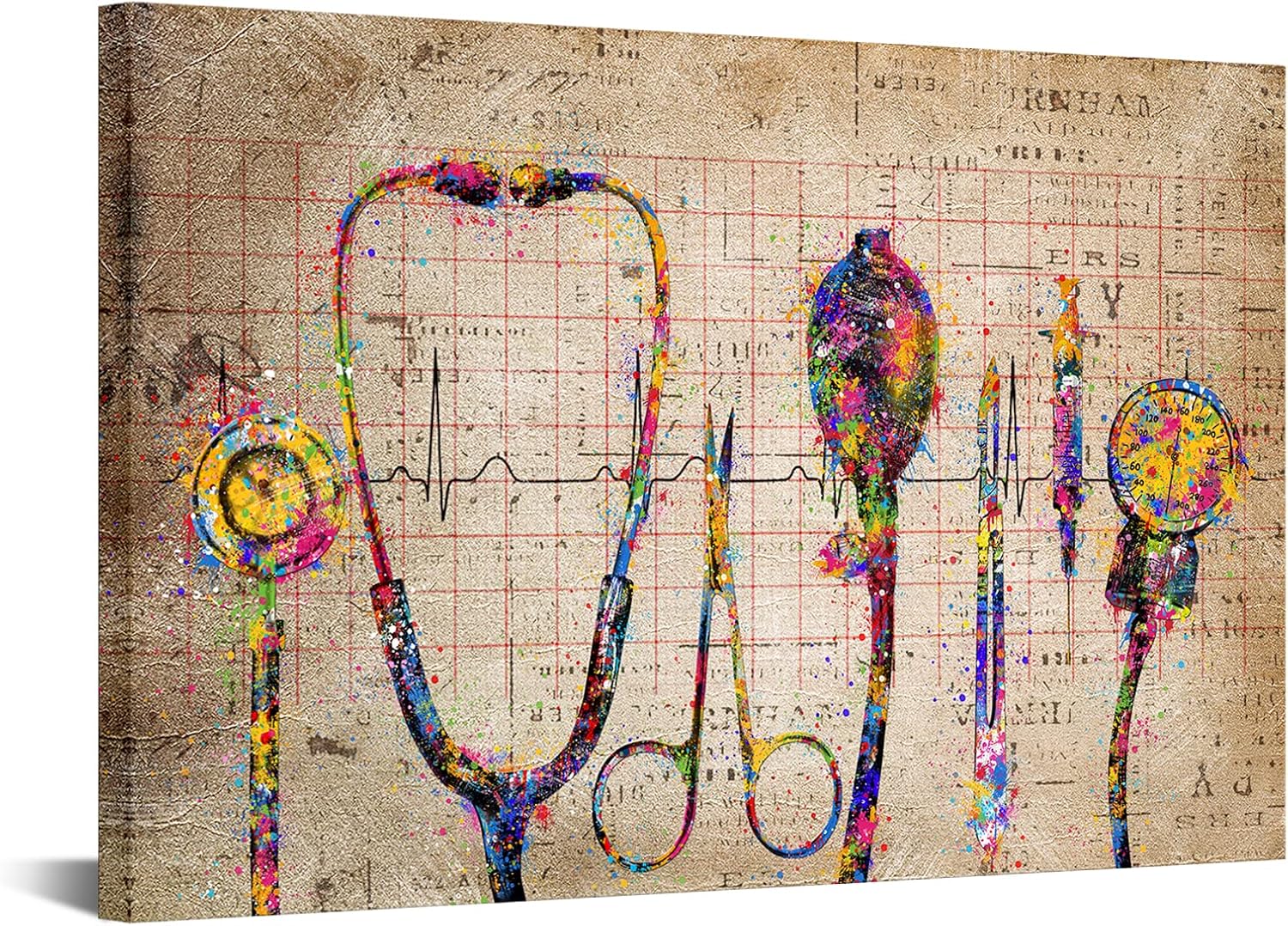 iHAPPYWALL Lienzo médico grande para pared, diseño abstracto, estetófono, cronómetro, aparato médico, herramientas modernas, escénico, hospital,
