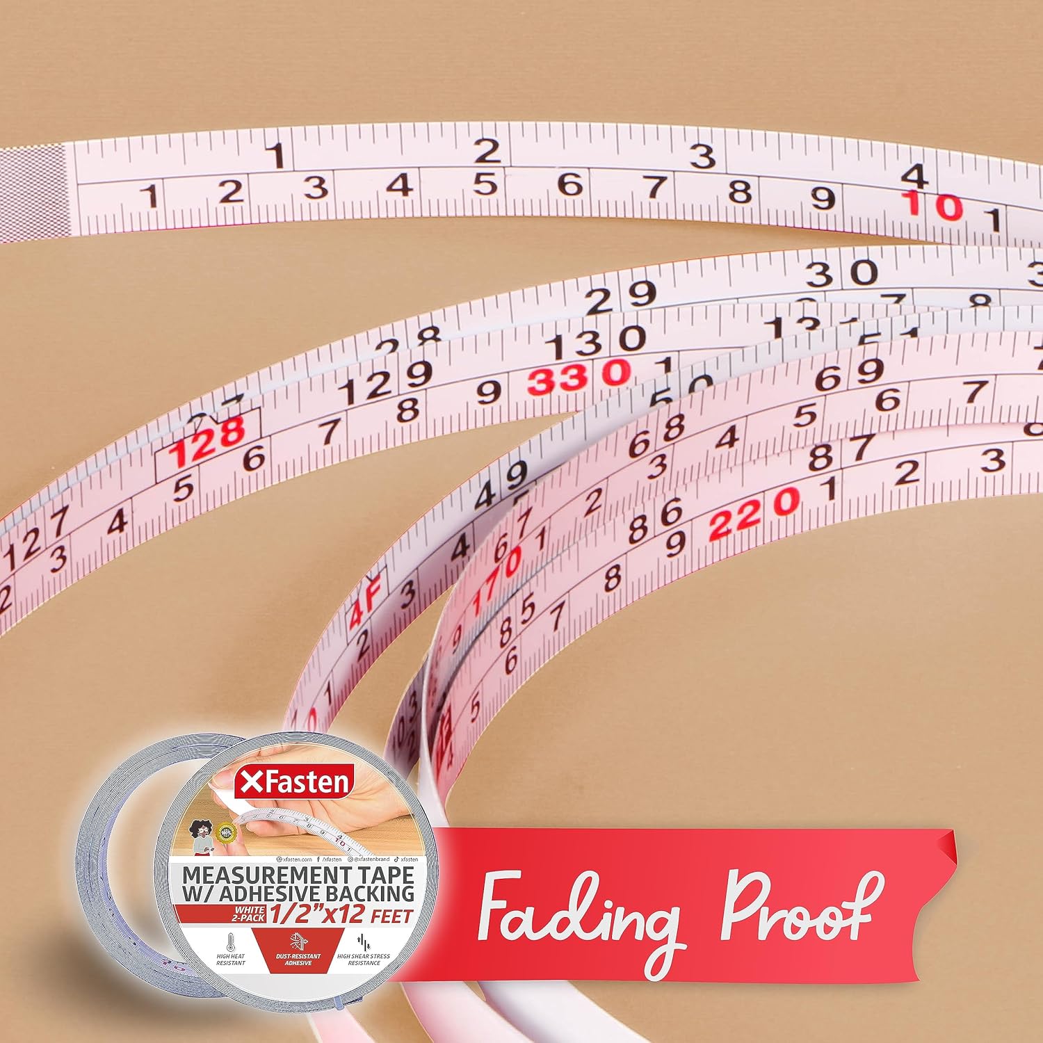 XFasten Cinta métrica con parte trasera adhesiva, 0.5 pulgadas x 12 pies (paquete de 2) Cinta métrica de izquierda a derecha para banco de trabajo,