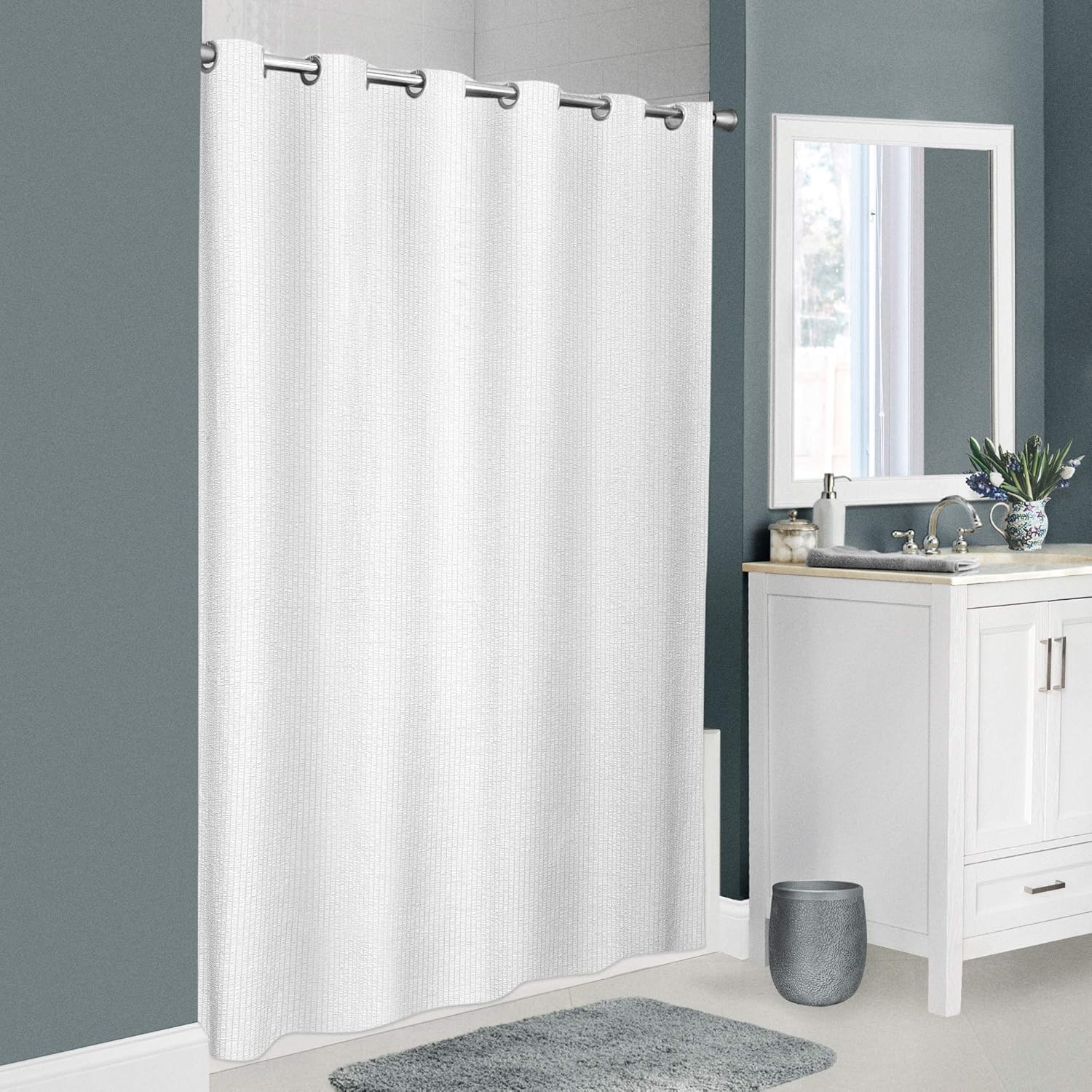 Zenna Home Value InstaCurtain Norwalk – Cortina de ducha de tela de sirsaca, color blanco, 70 x 74 pulgadas