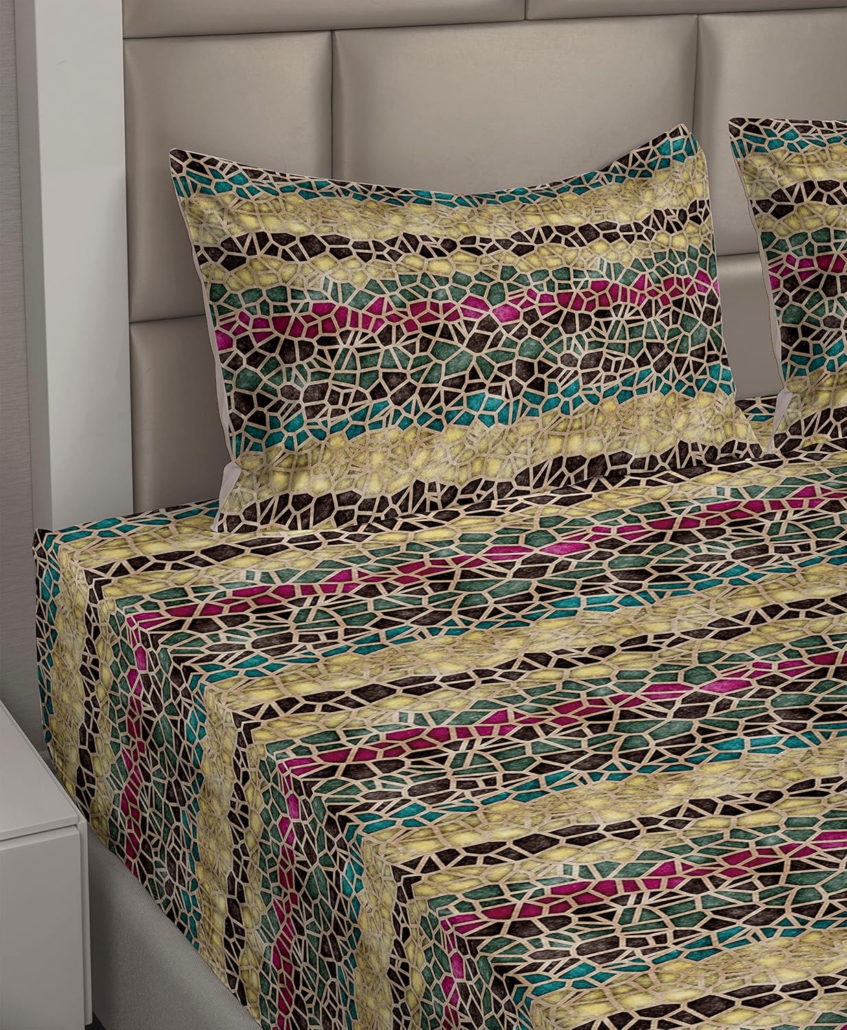 Ambesonne Contemporary Sheet Set, Lace Like Aged Motif Geometric Shapes Abstract Style of Illustration, Fitted and Flat Sheet with Pillowcases