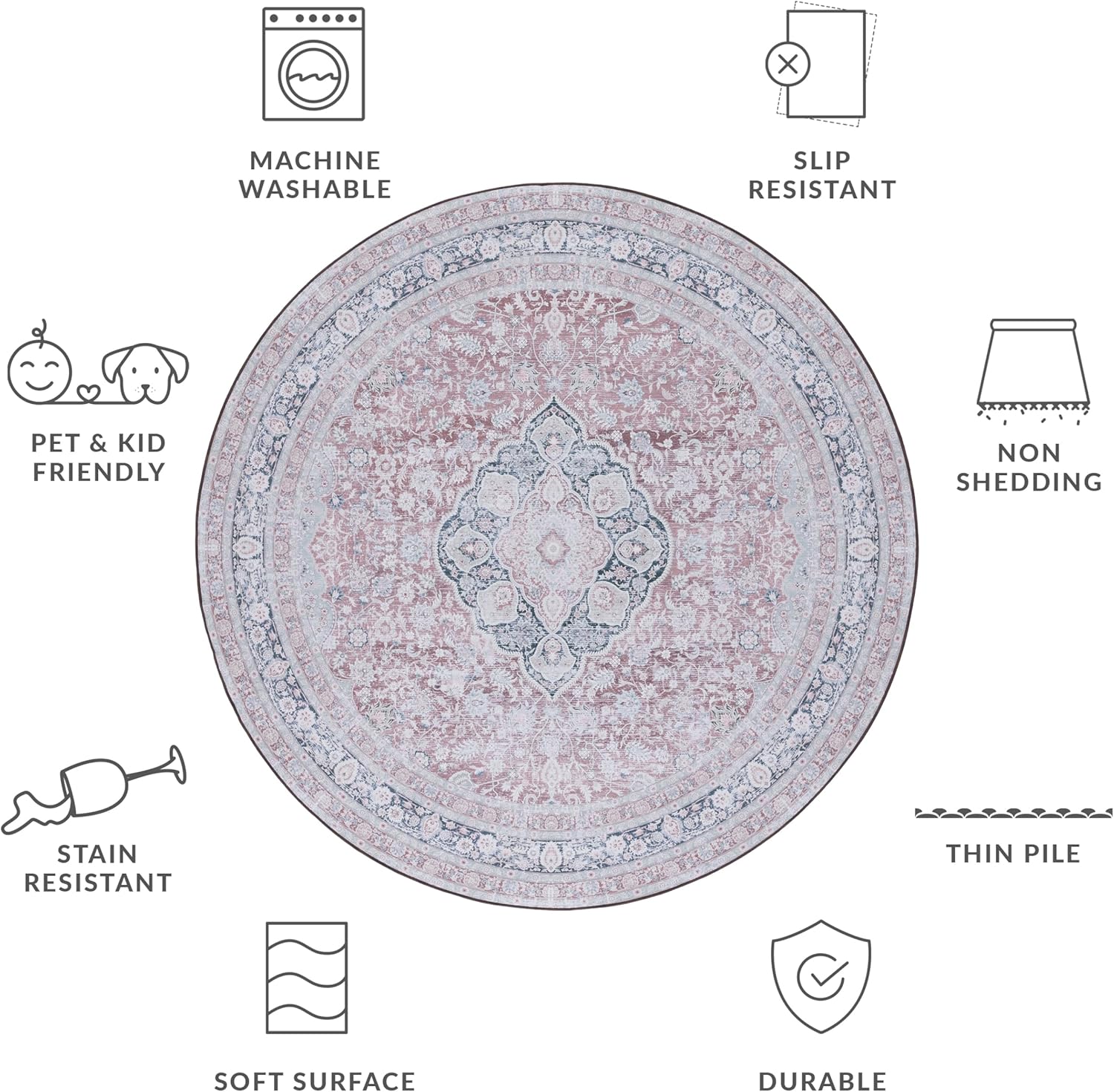 SAFAVIEH Tucson Collection – Alfombra redonda de 6 pies, diseño de medallón persa, no desprende pelusa, lavable a máquina y antideslizante, ideal