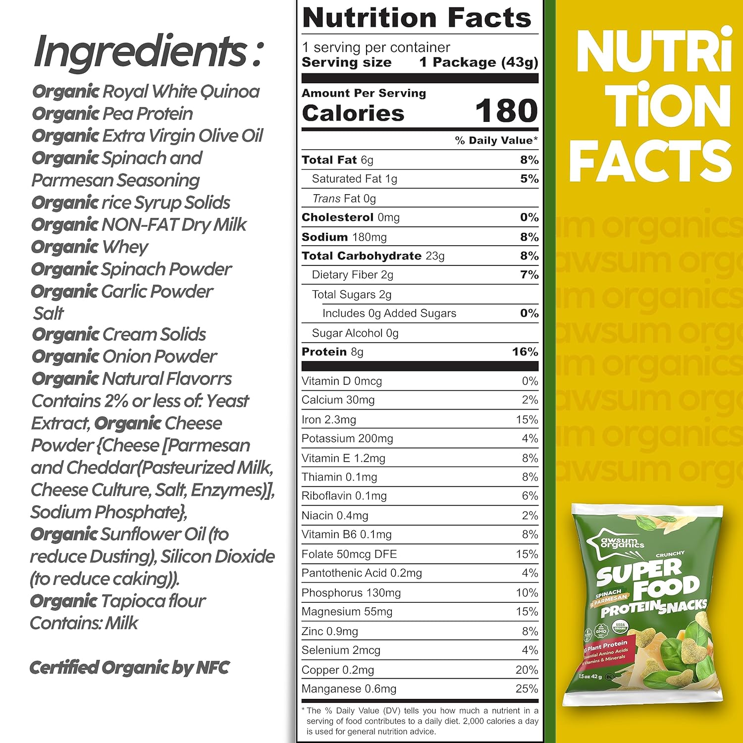 Awsum Organics SUPERFOOD Snacks de proteínas  Bocadillo saludable y crujiente  Soplos de proteínas a base de plantas  USDA Orgánico  Kosher  Sin OMG