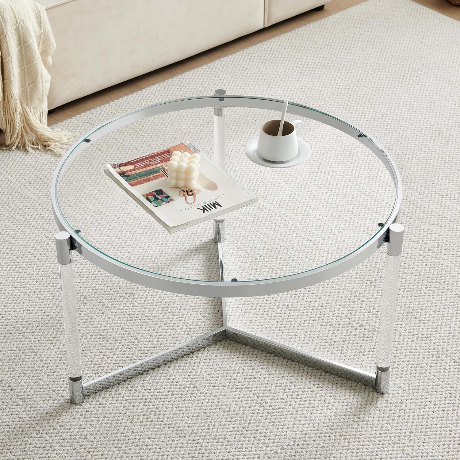 Saint Mossi Mesa de centro de cristal, diseño moderno, mesa de centro de vidrio de una sola capa para espacio vital, 32 pulgadas de diámetro x 17