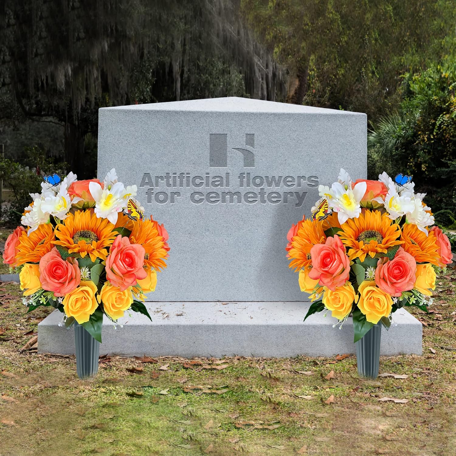 Flores de cementerio de seda para tumba con mariposa y jarrón, no se corren, rosa artificial y girasol y orquídea Cattleya, arreglo junto a la