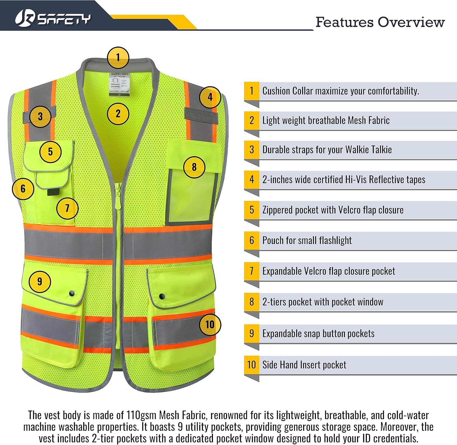 JKSafety Chaleco de seguridad de alta visibilidad con 9 bolsillos, tela de malla transpirable, cuello acolchado, utilidad de trabajo, equipo de