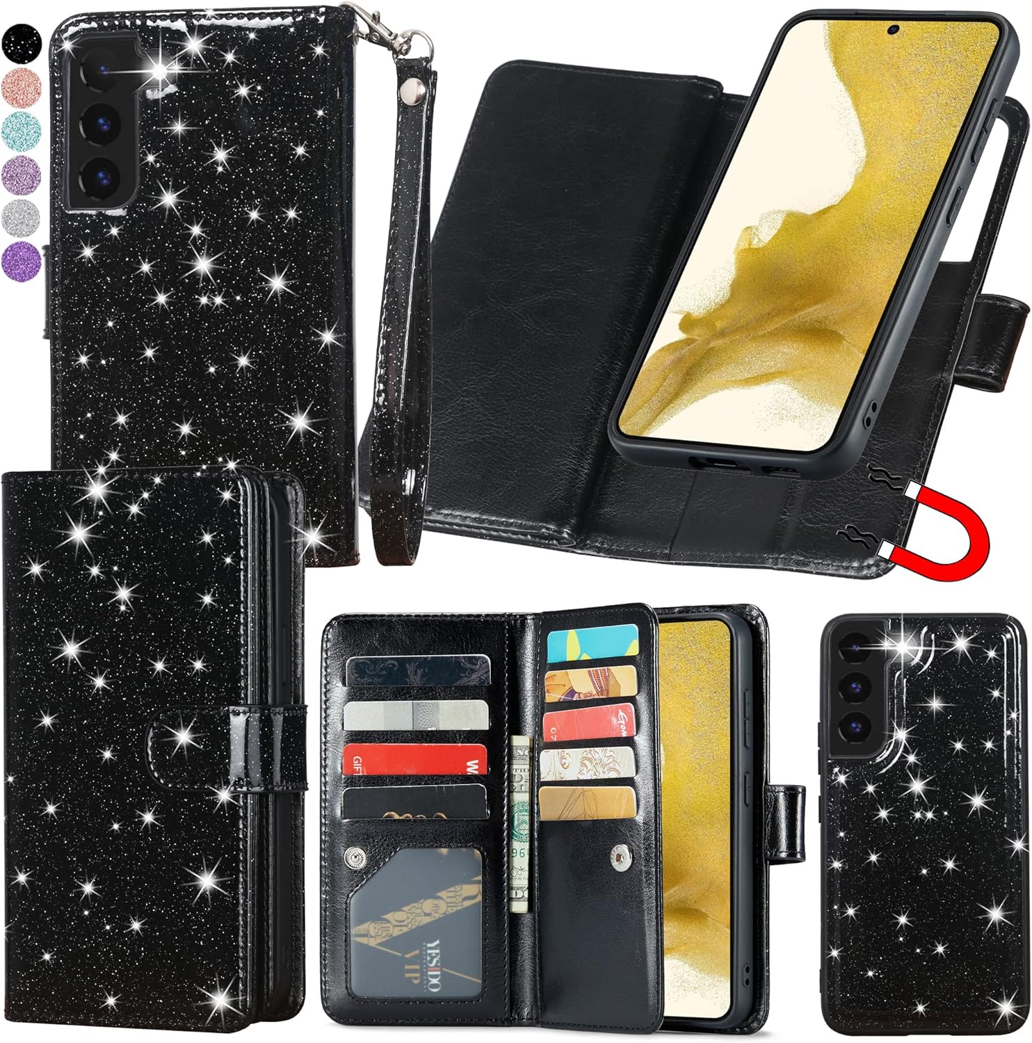 Varikke Funda para Samsung Galaxy S22, cartera magnética desmontable con tapa para Galaxy S22 con tarjetero y soporte y muñequera de piel sintética