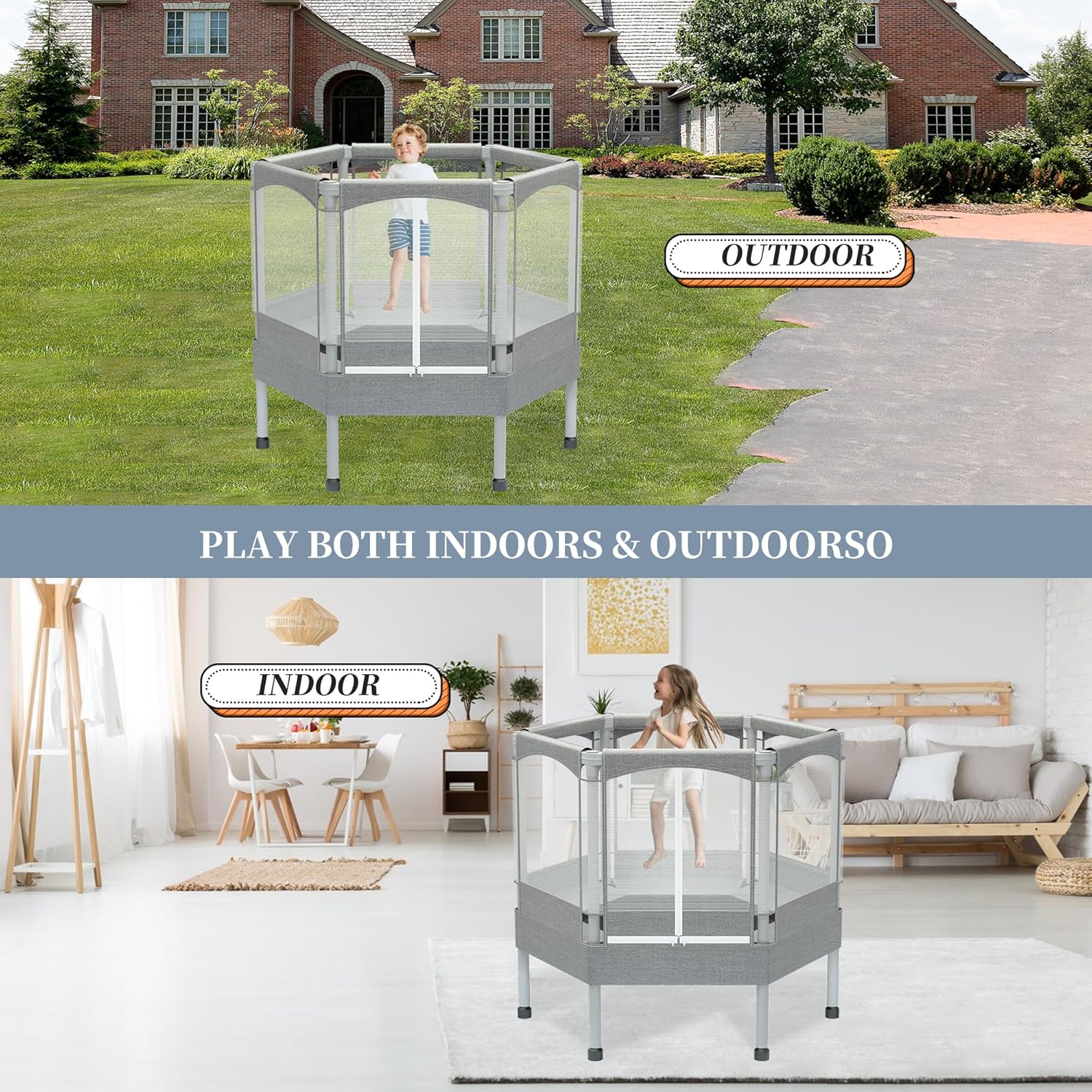 EL&ITWings Trampolín para niños con red, 4.6, 5.5, 7 pies, para interiores y exteriores, con recinto de seguridad, trampolín hexagonal pequeño para