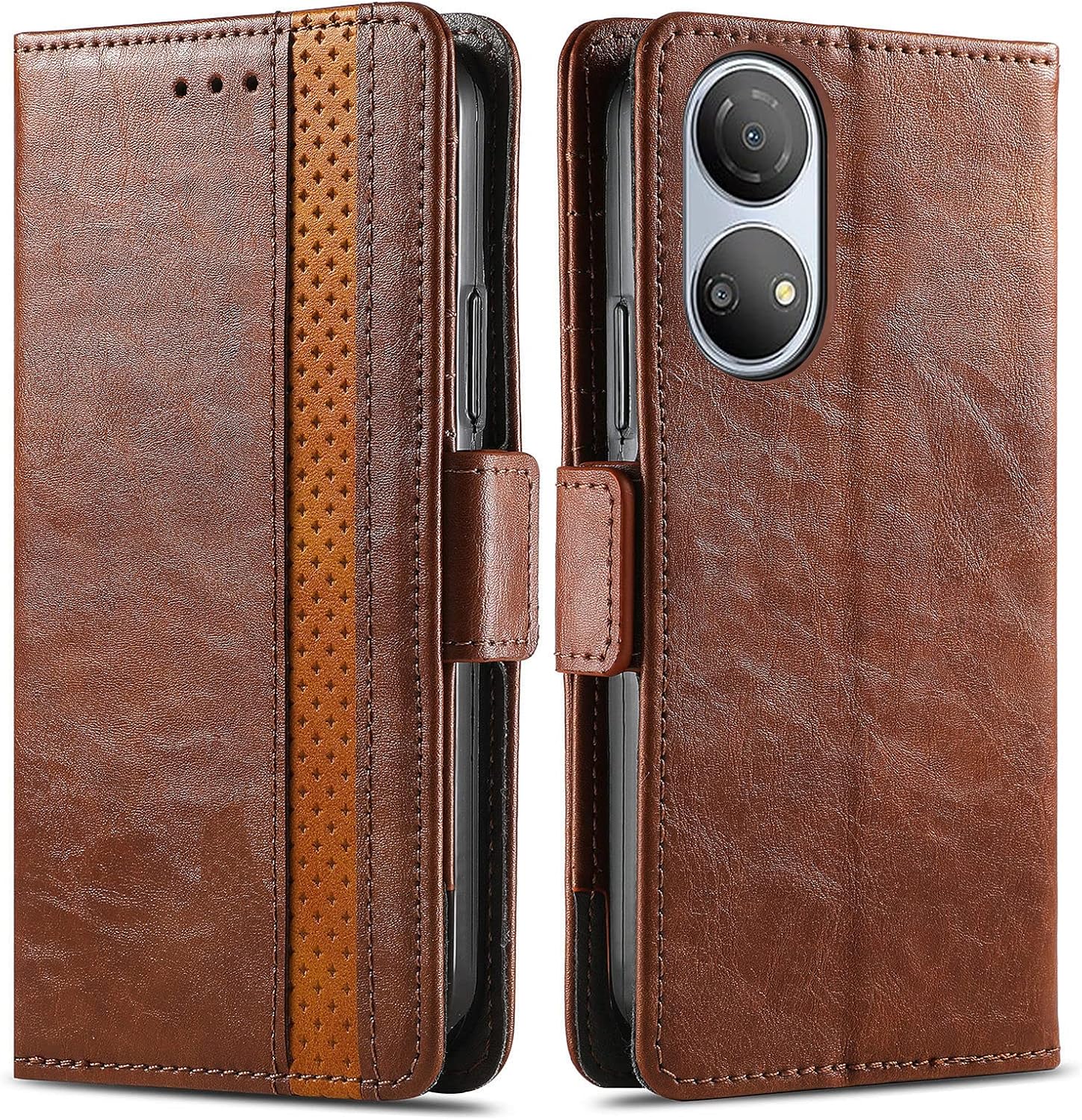 Funda para Honor X7 Cover, Case for Honor Play 30+ Plus Funda de piel sintética con ranuras para tarjetas Funda con soporte abatible Marrón