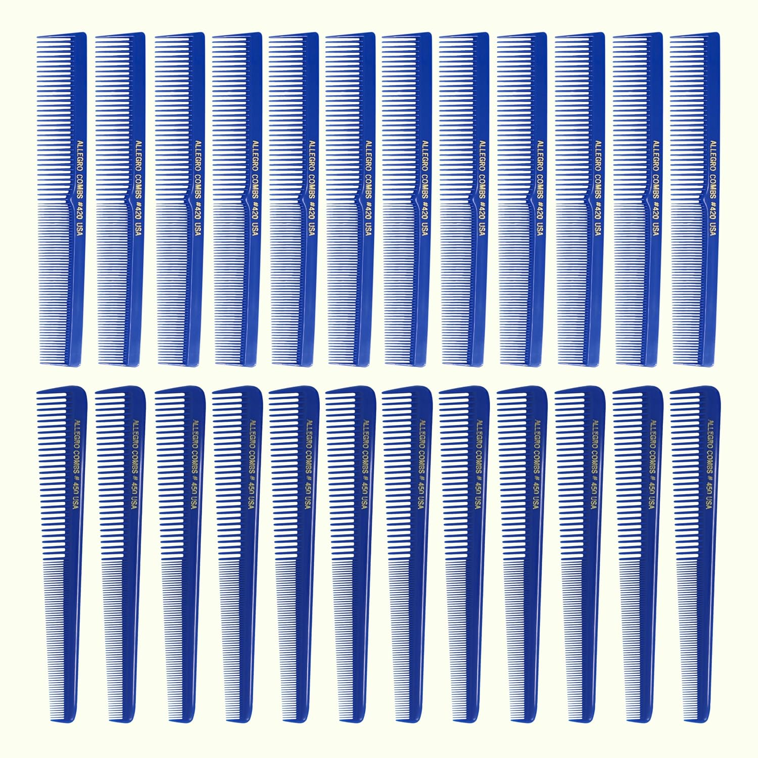 Allegro Combs Juego de corte de pelo #420 y #450 Peines de peluquero para estilistas cónicos – 24 peines azules