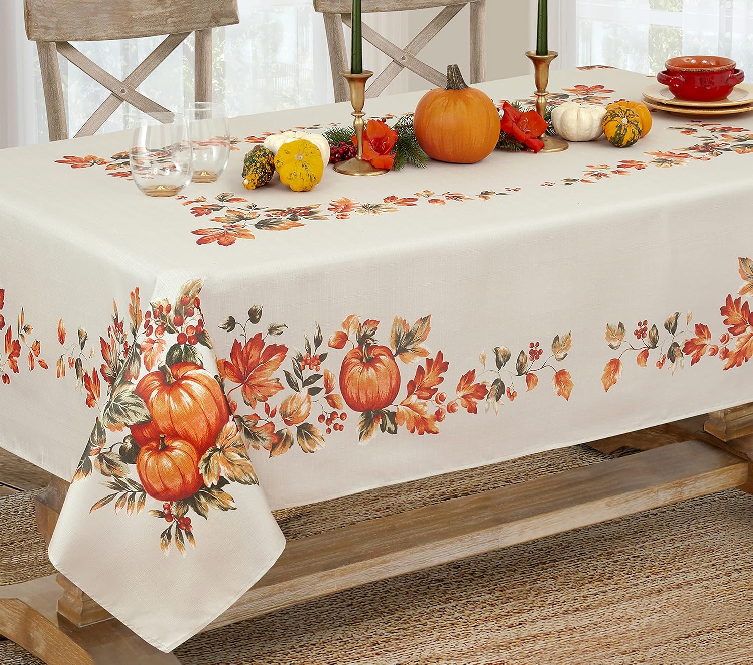 Mantel de Acción de Gracias Traditions con borde de cosecha de otoño, hojas de otoño y parche de calabaza, mantel de tela de fácil cuidado, 52 x 52