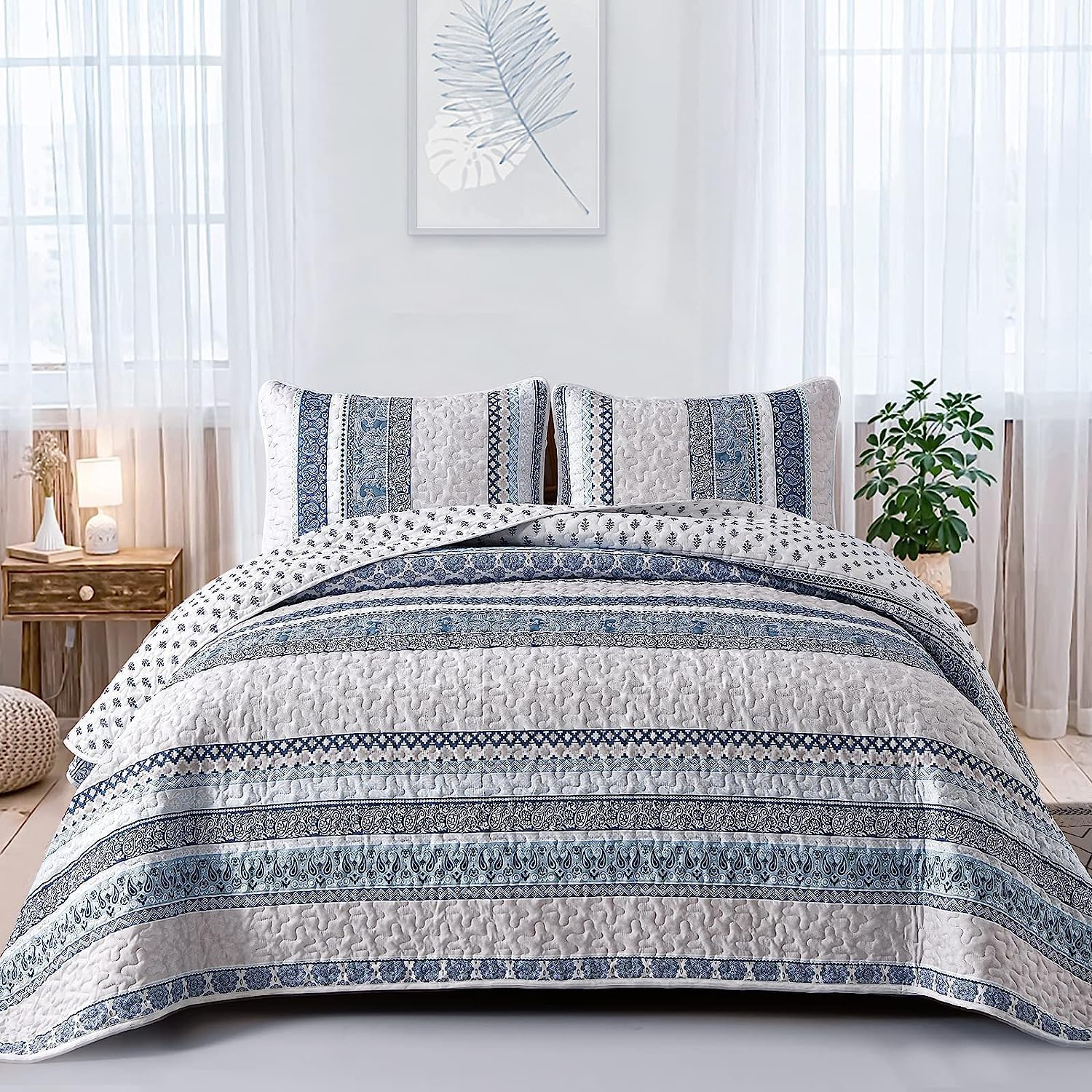 WONGS BEDDING Juego de edredón bohemio tamaño matrimonial, juego de edredón bohemio azul claro de 3 piezas, juego de ropa de cama ligero de verano