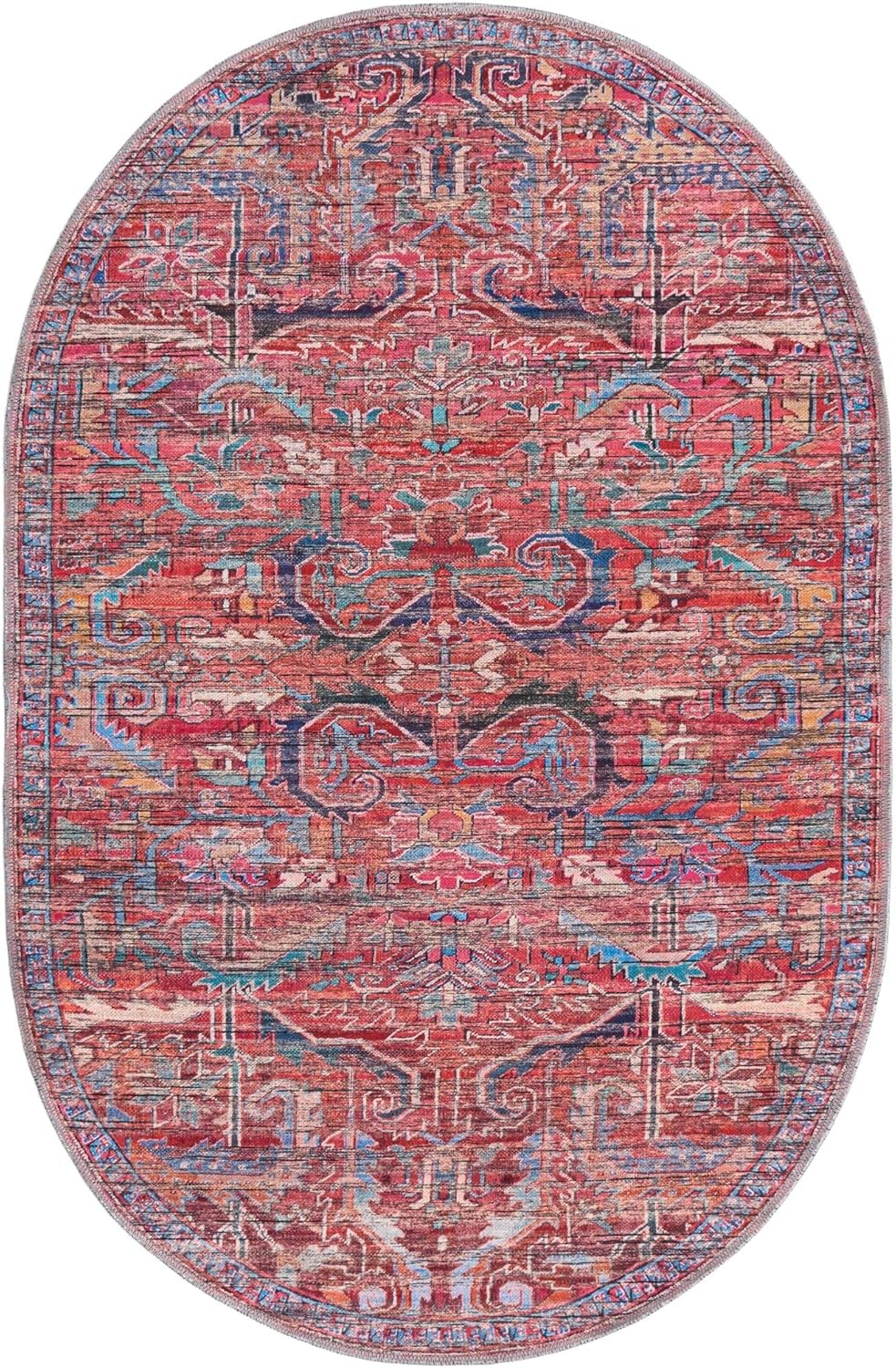 Rugs.com Maahru Collection – Alfombra lavable, alfombra ovalada de pelo bajo de 4 x 6 pies, color rojo óxido, perfecta para salas de estar,