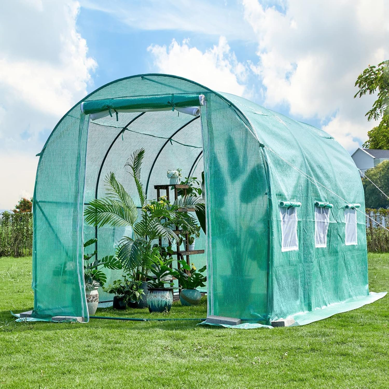 Invernadero para exteriores de 12 x 7 x 7 pies con puerta mosquitera, exterior resistente, para plantas de jardín, protección UV, termostática,