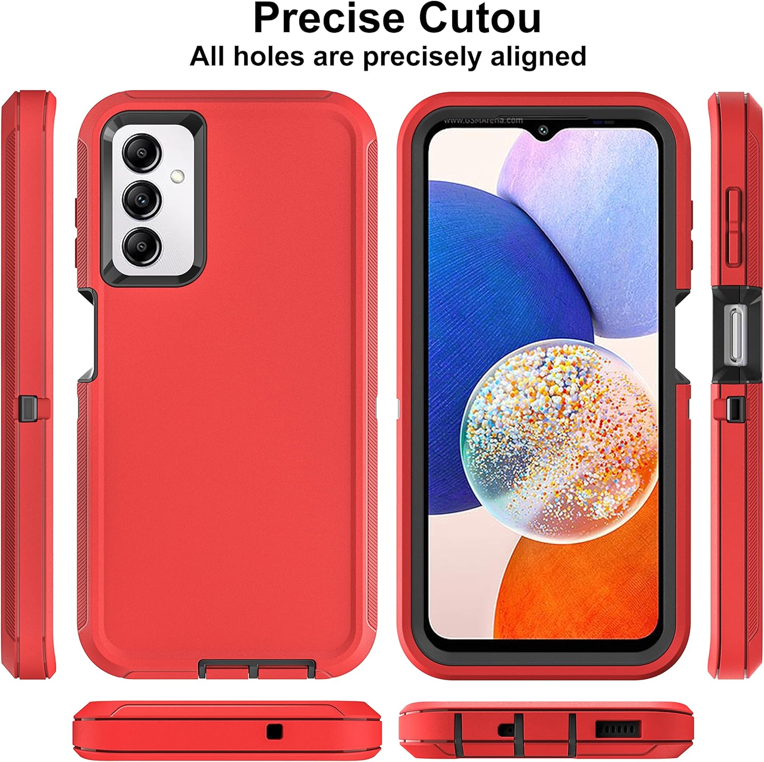Funda para Samsung Galaxy A14 5G, 3 en 1, protección resistente a prueba de golpes con 2 protectores de pantalla de vidrio templado, (rojonegro)