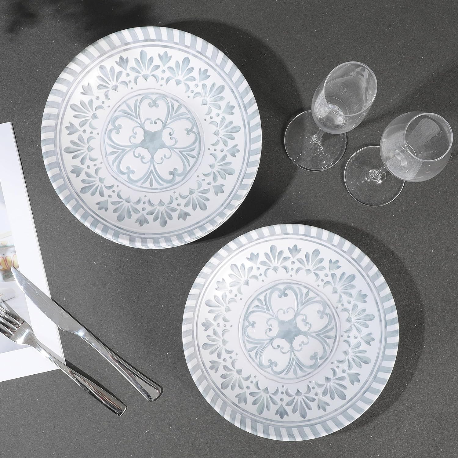 Yinshine Juego de platos llanos de melamina, juego de platos profundos de 9.25 pulgadas, 6 platos de ensalada, juego de platos en relieve para 6,