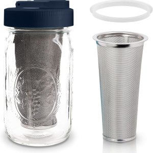 Brewing America Cafetera Mason Jar Cold Brew – Tarro Mason de boca ancha con tapa de rosca para vertido, filtro de acero inoxidable para un Brewing America Cafetera Mason Jar Cold Brew – Tarro Mason de boca ancha con tapa de rosca para vertido, filtro de acero inoxidable para un