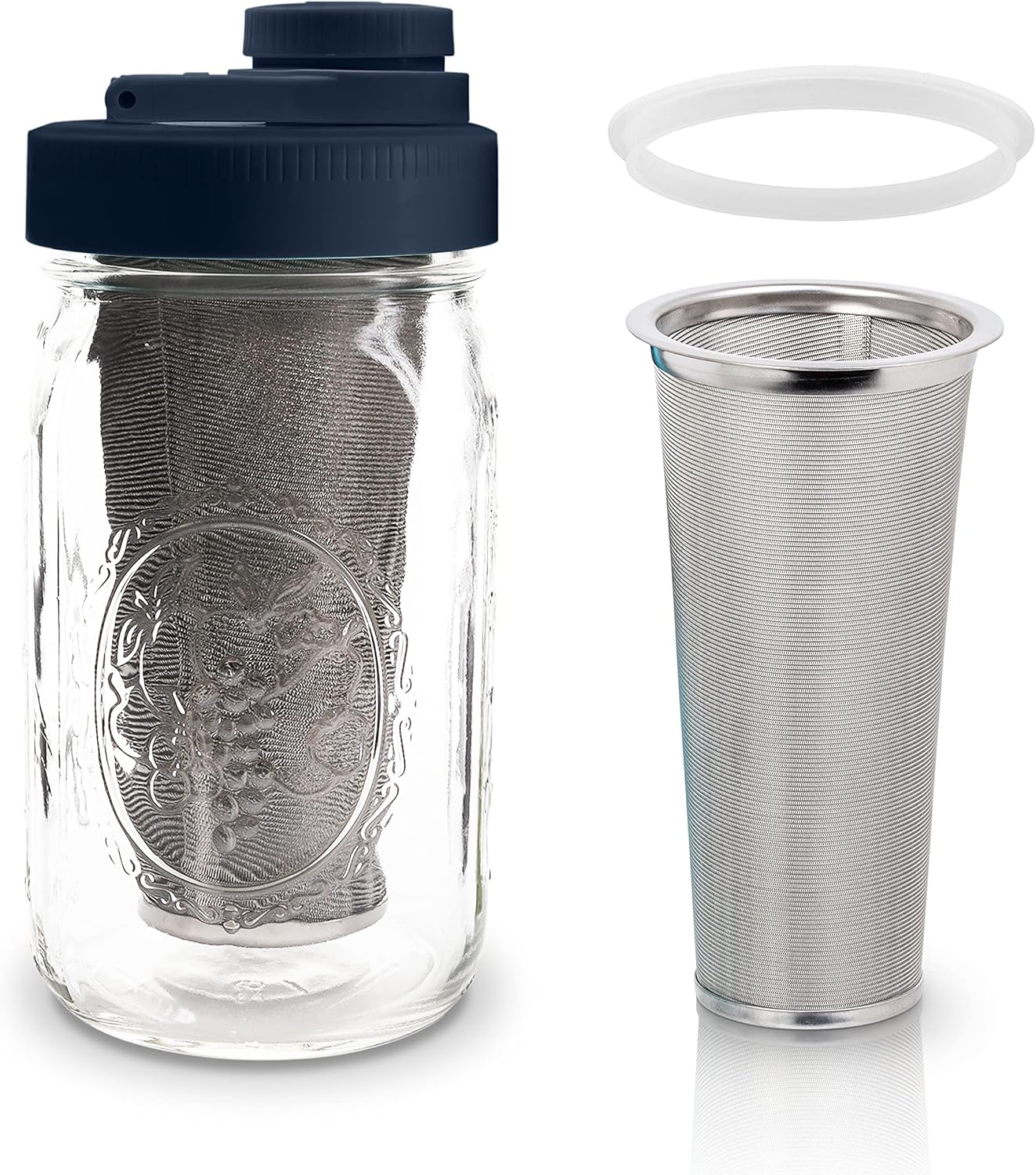 Brewing America Cafetera Mason Jar Cold Brew – Tarro Mason de boca ancha con tapa de rosca para vertido, filtro de acero inoxidable para un