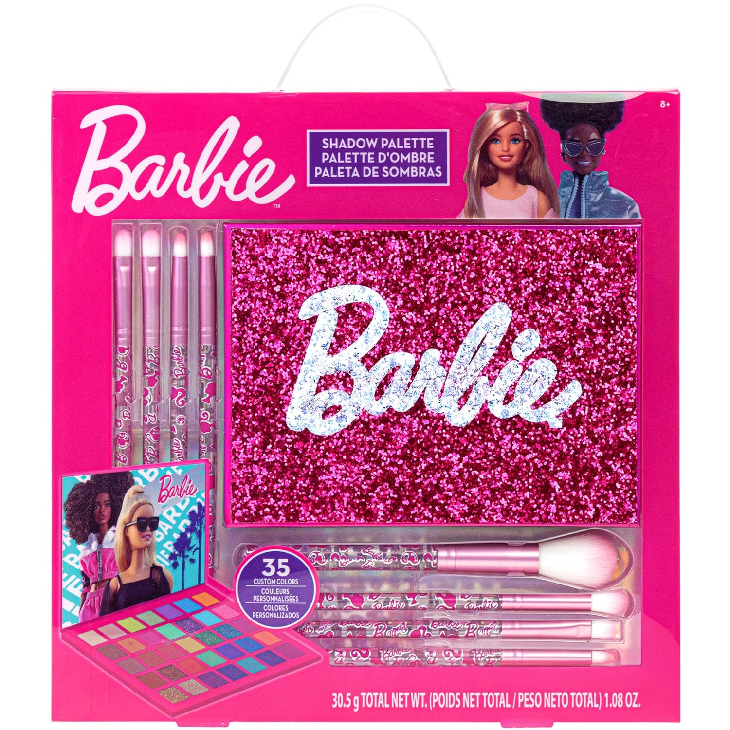 Townley Girl Barbie Paleta de sombras de ojos de 35 pozos, colores brillantes y opacos, pigmentada mezclable, 8 pinceles de aplicación no tóxicos