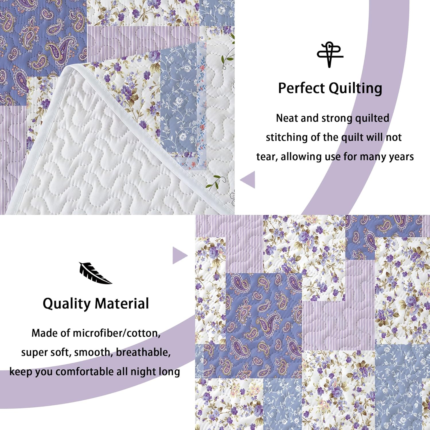 Juego de ropa de cama morada tamaño King  Colchas reversibles de microfibra con 2 fundas de almohada, ropa de cama suave y ligera, colcha de flores,