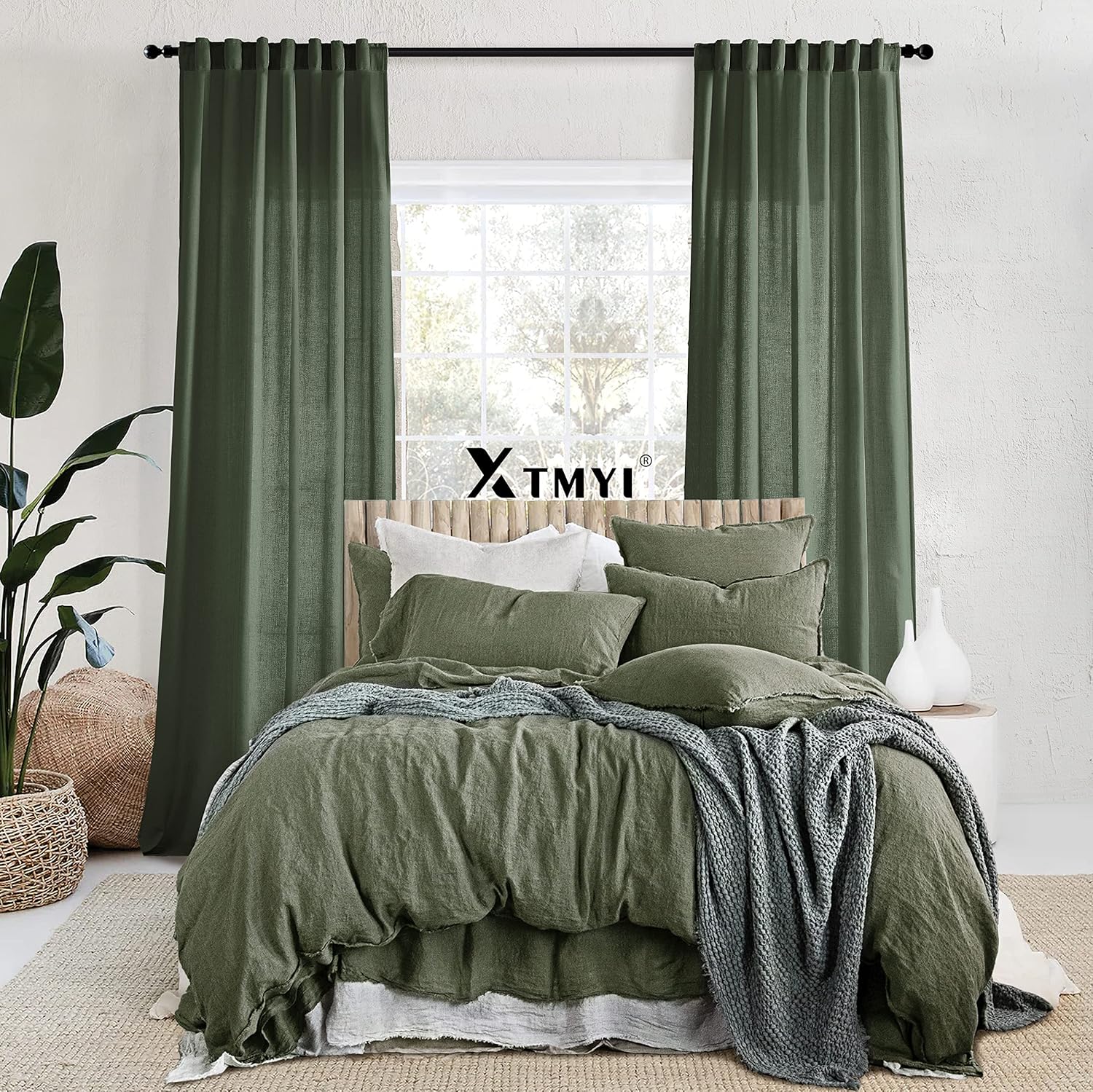 XTMYI Juego de 2 paneles de cortinas de lino transparente de 102 pulgadas de largo, color verde oliva, cinturón de gancho, pestaña trasera, mezcla