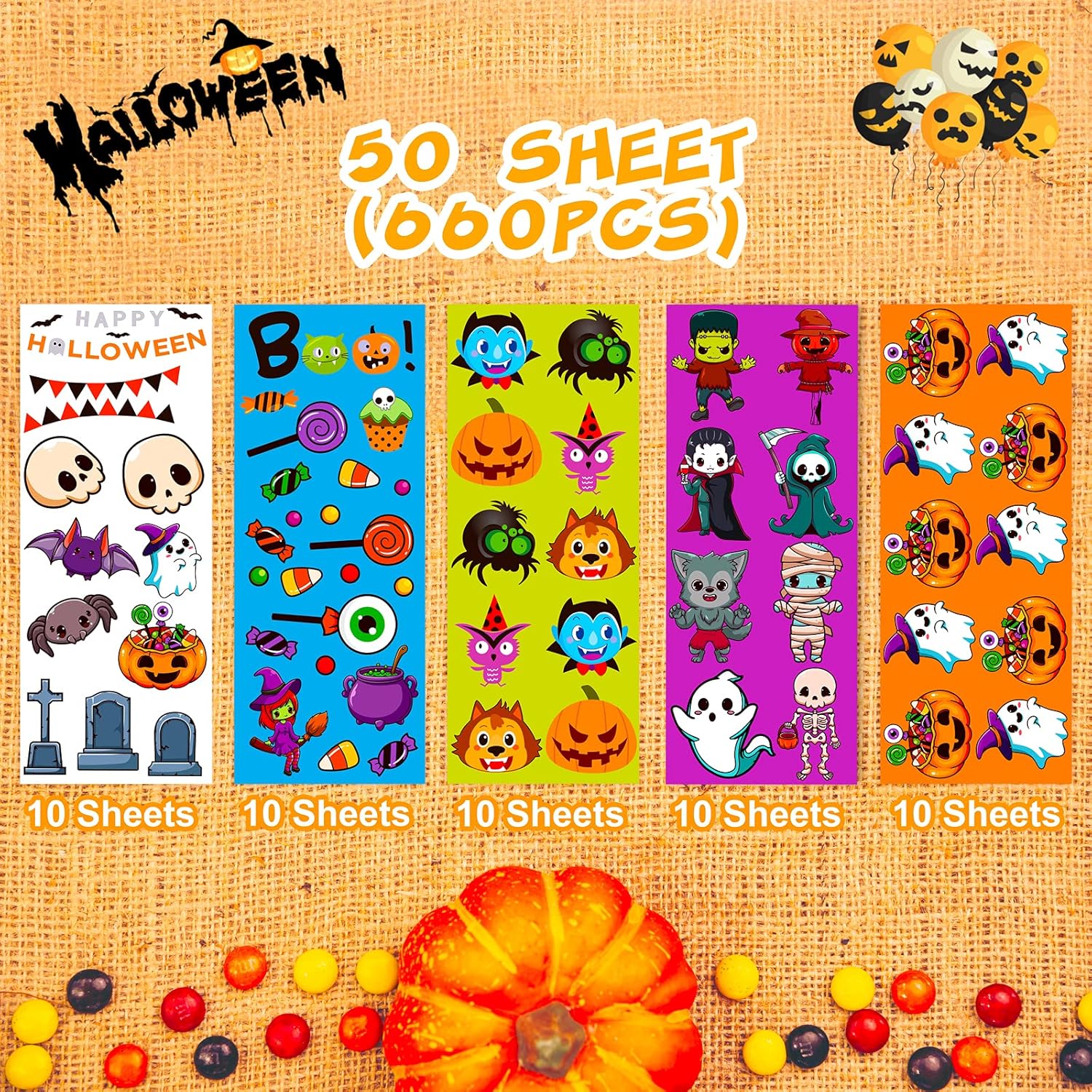 Irichna – 50 hojas de calcomanías de Halloween para niños mayores de 660 piezas, vinilo impermeable de Halloween, araña, murciélagos, calabaza,