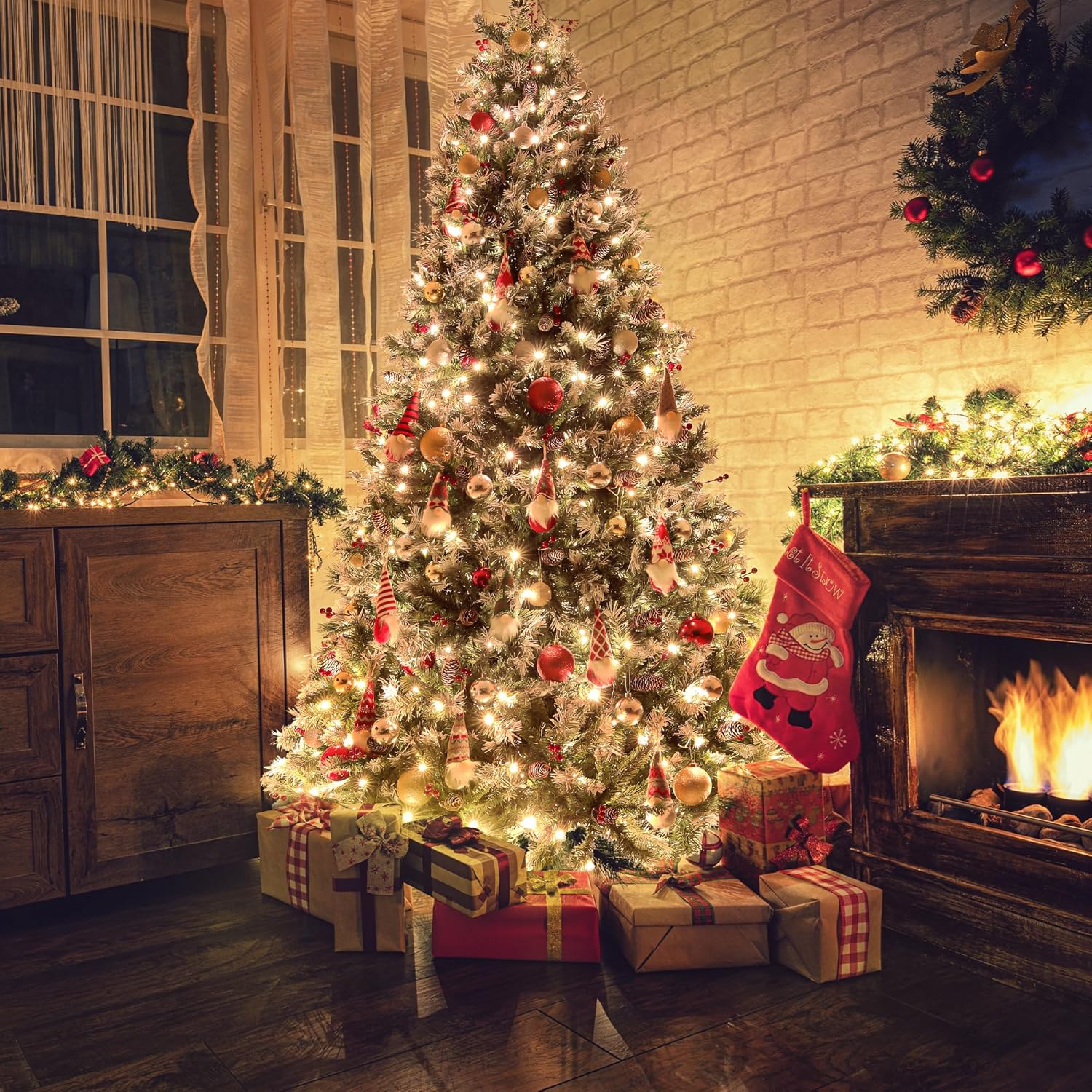 Árbol de Navidad artificial preiluminado de 6 pies con 275 luces LED, 56 conos de pino y bayas, para decoración navideña del hogar y la oficina