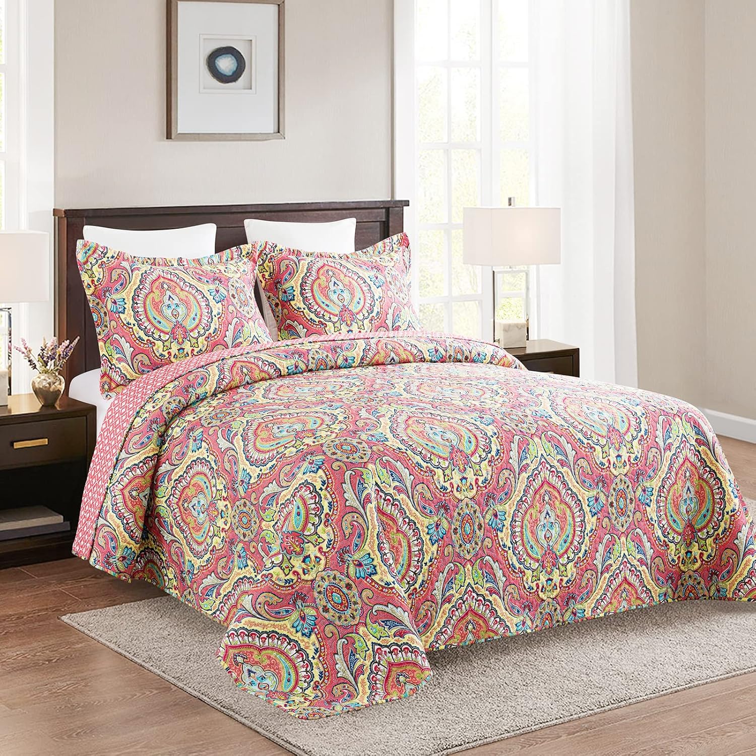 Juego de ropa de cama de microfibra tamaño Queen para cama, colcha reversible acolchada bohemia
