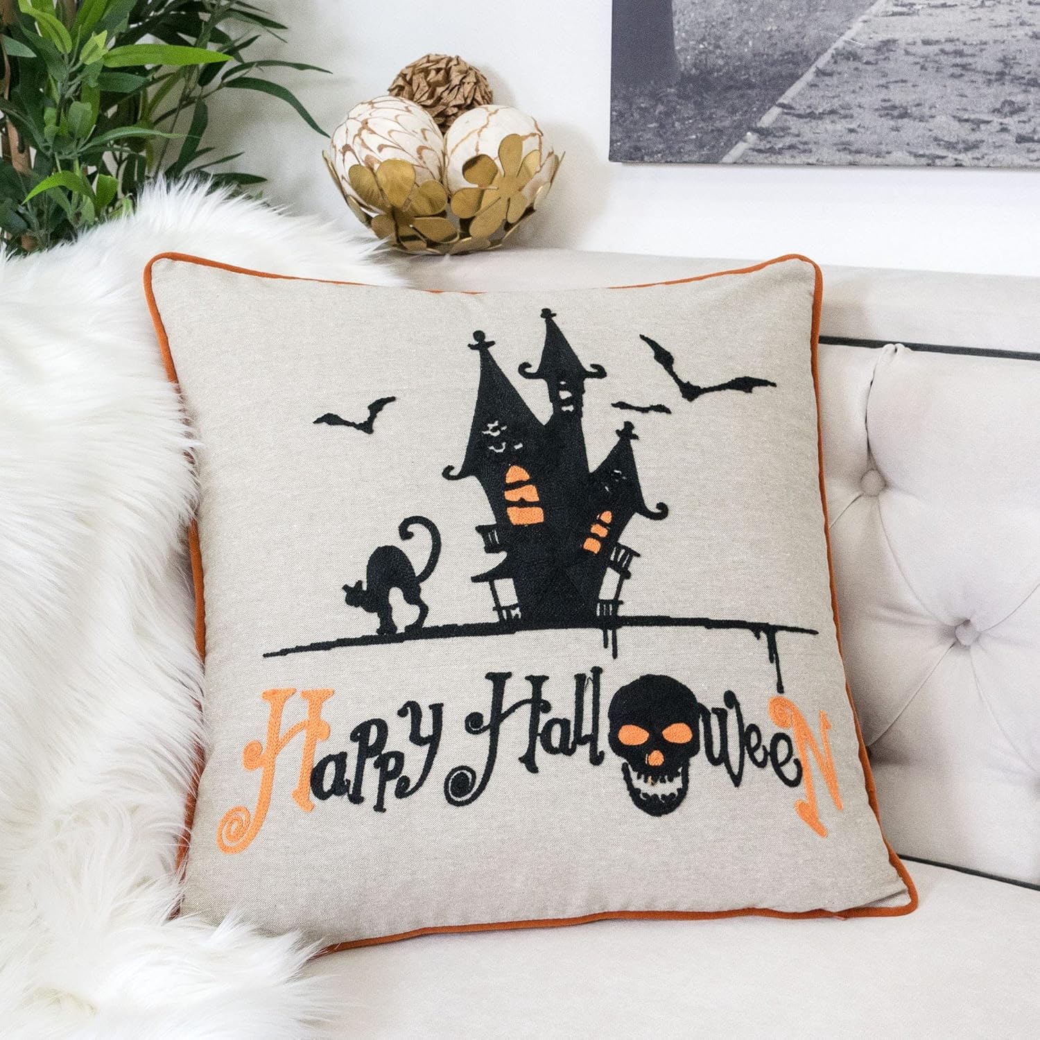 Homey Cozy Vincy Happy Halloween, 20 x 20 pulgadas, naturalnegronaranja